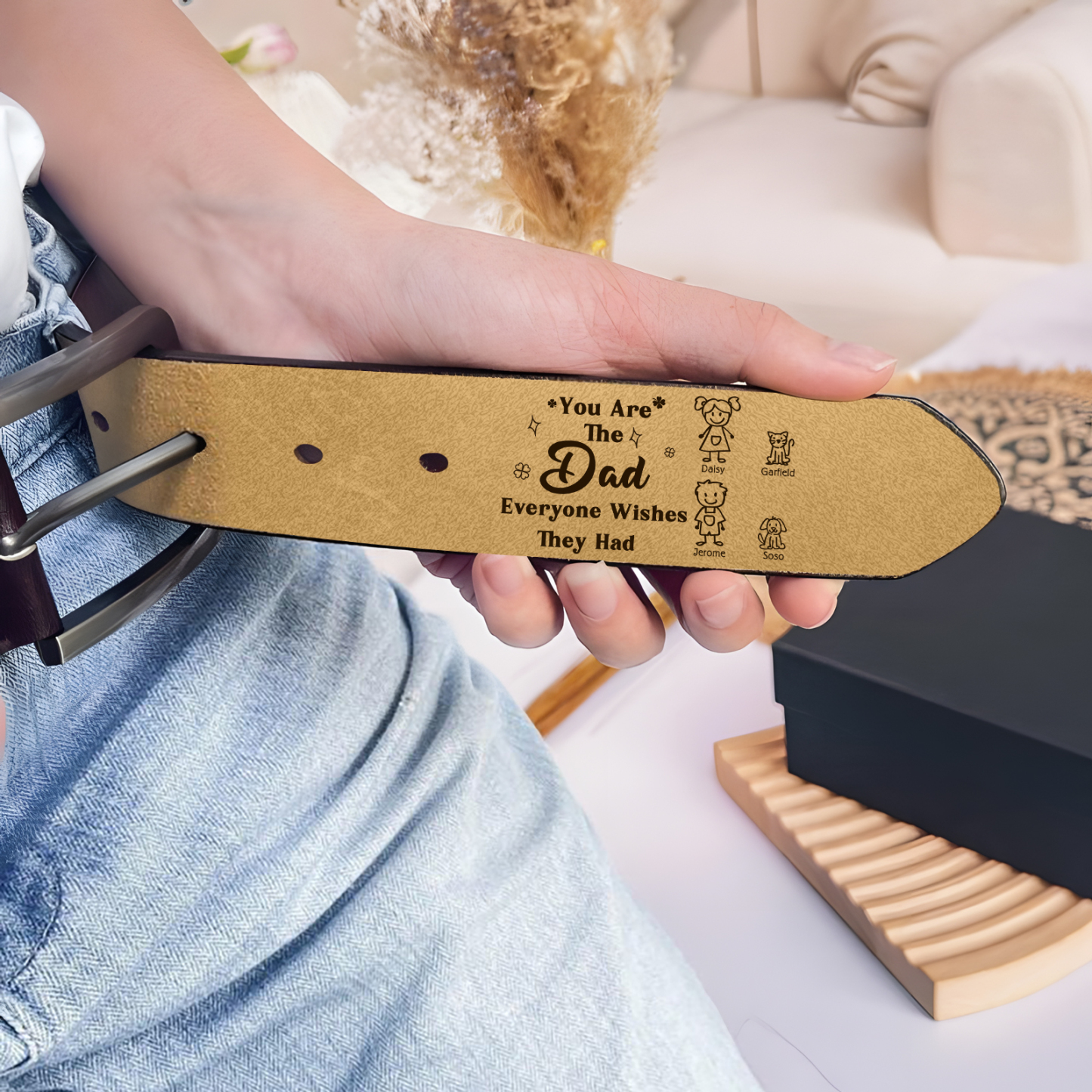 Personalized 4 Names Leather Belt, Custom Adjustable Man Belt Gift for Dad | Lorajewel