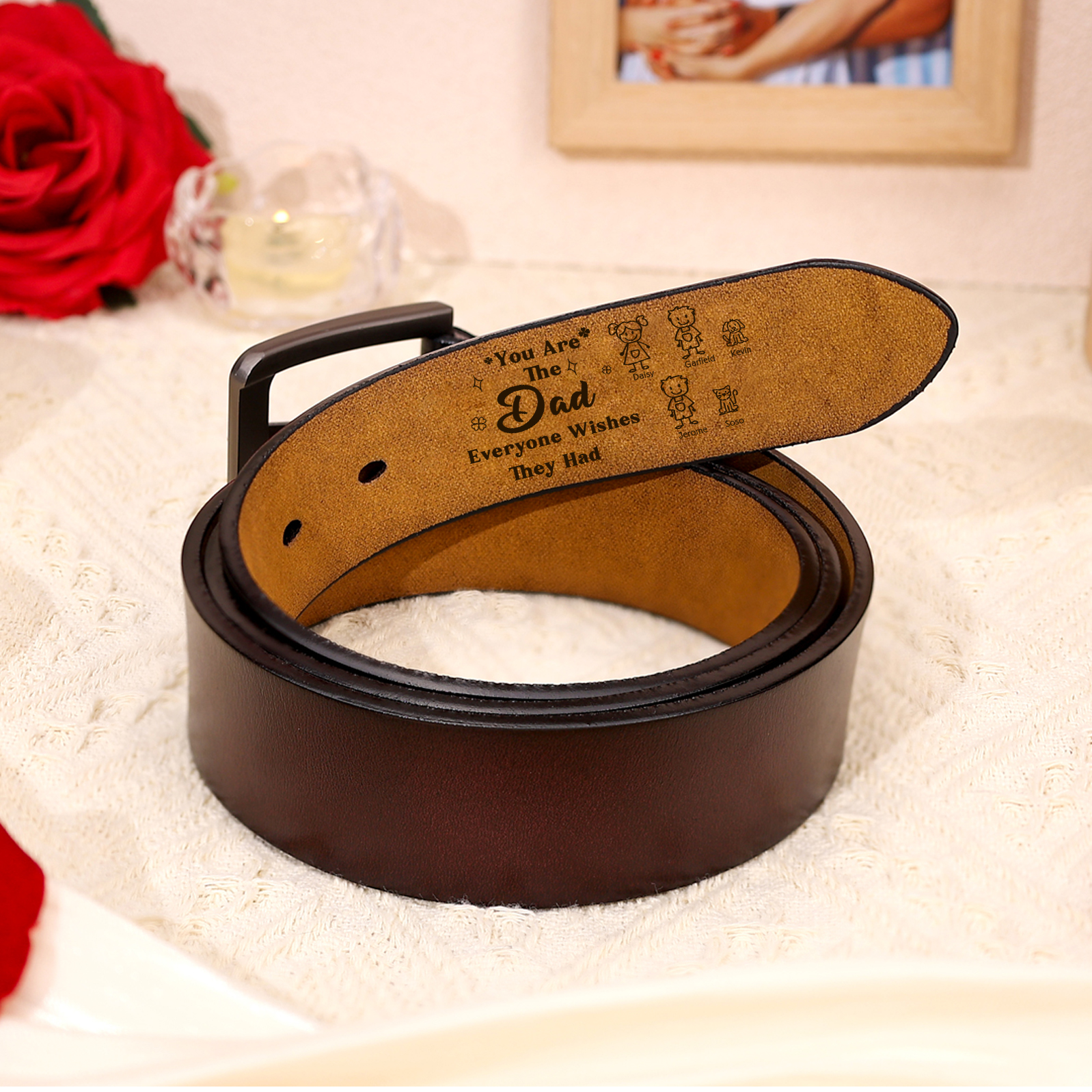 Personalized 5 Names Leather Belt, Custom Adjustable Man Belt Gift for Dad | Lorajewel