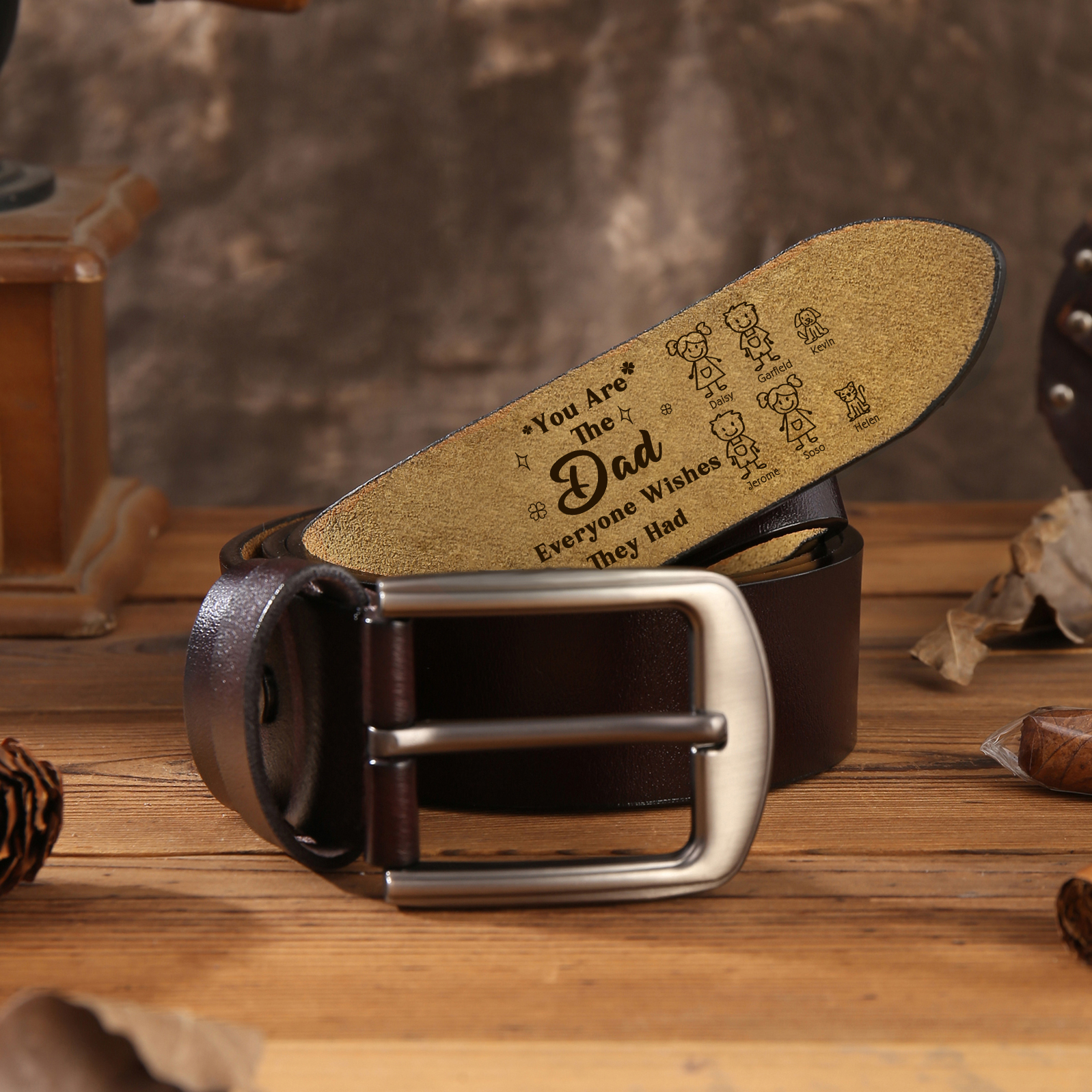 Personalized 6 Names Leather Belt, Custom Adjustable Man Belt Gift for Dad | Lorajewel