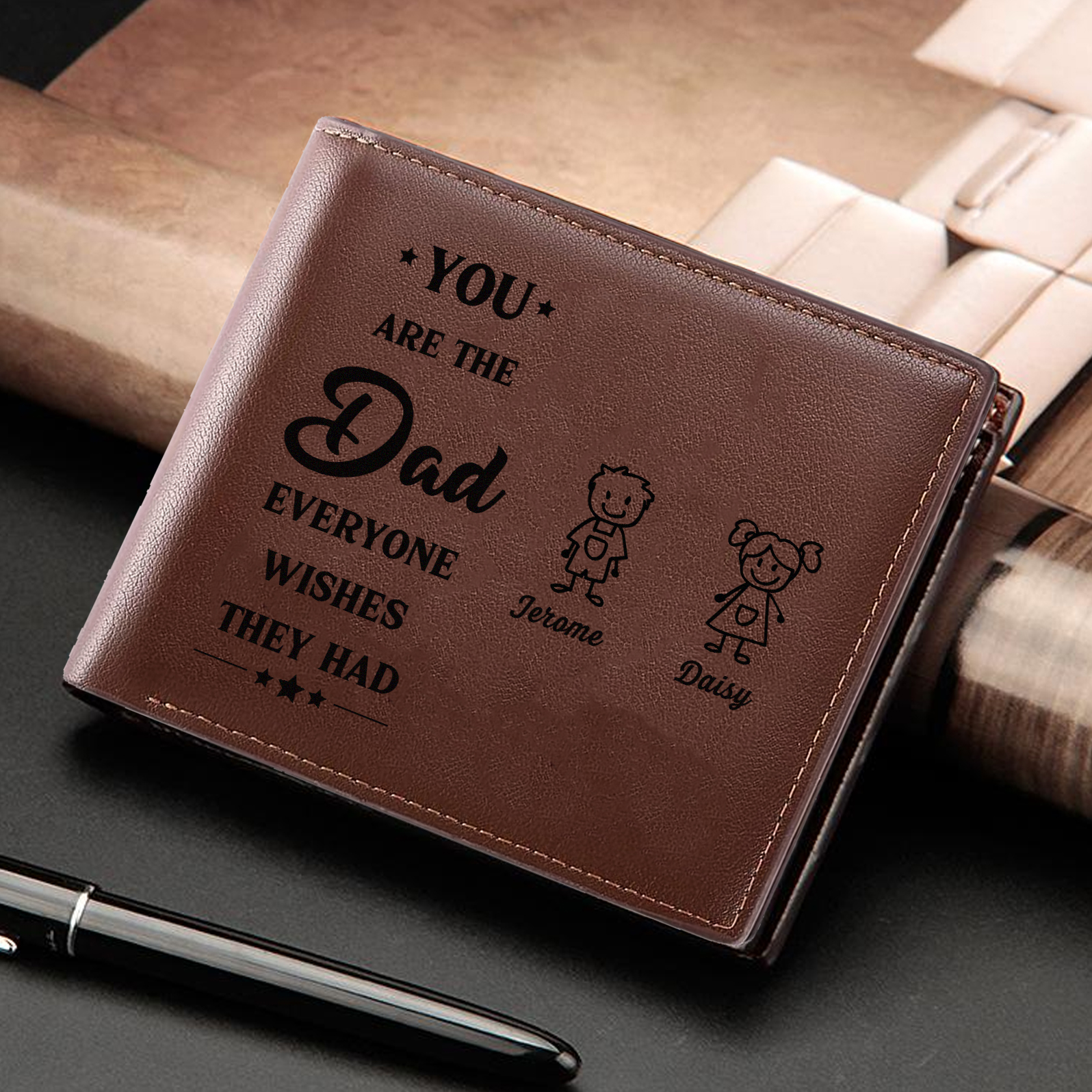 2 Names Engraved Wallet for Men – Custom Father’s Day Gift with Kids’ Name and Photo | Lorajewel