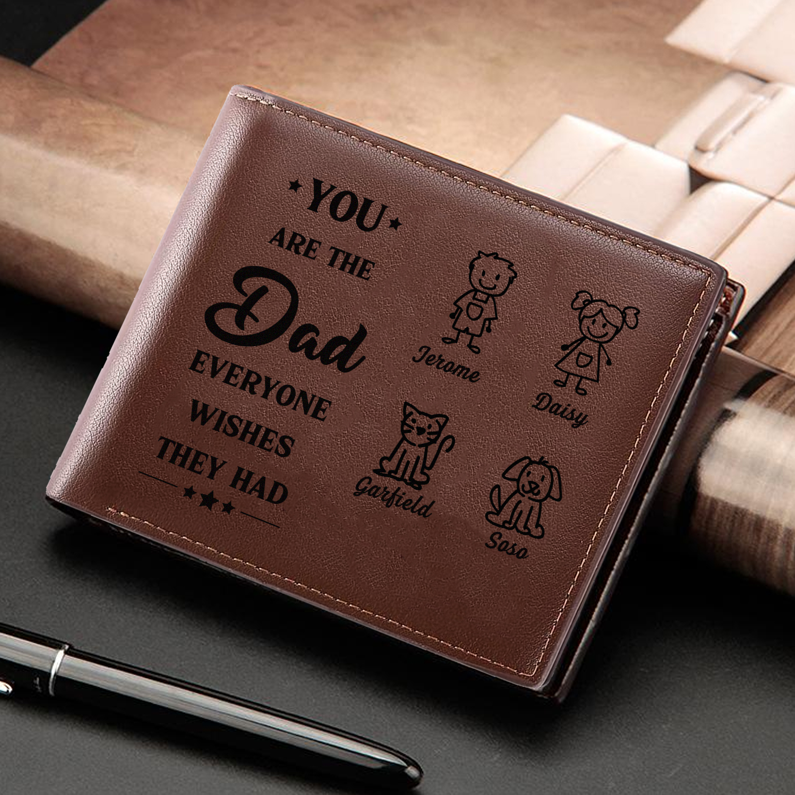 4 Names Engraved Wallet for Men – Custom Father’s Day Gift with Kids’ Name and Photo | Lorajewel