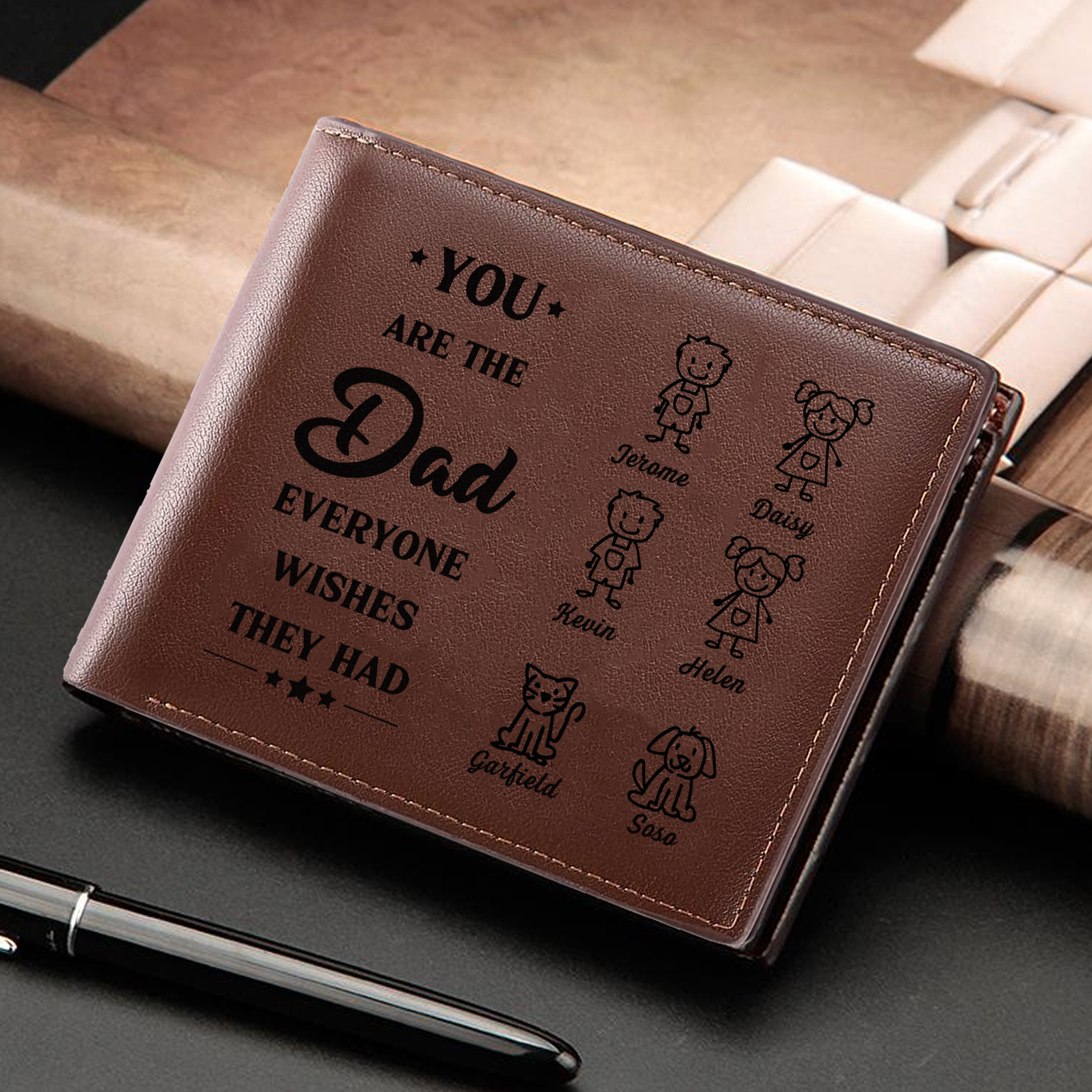 6 Names Engraved Wallet for Men – Custom Father’s Day Gift with Kids’ Name and Photo | Lorajewel