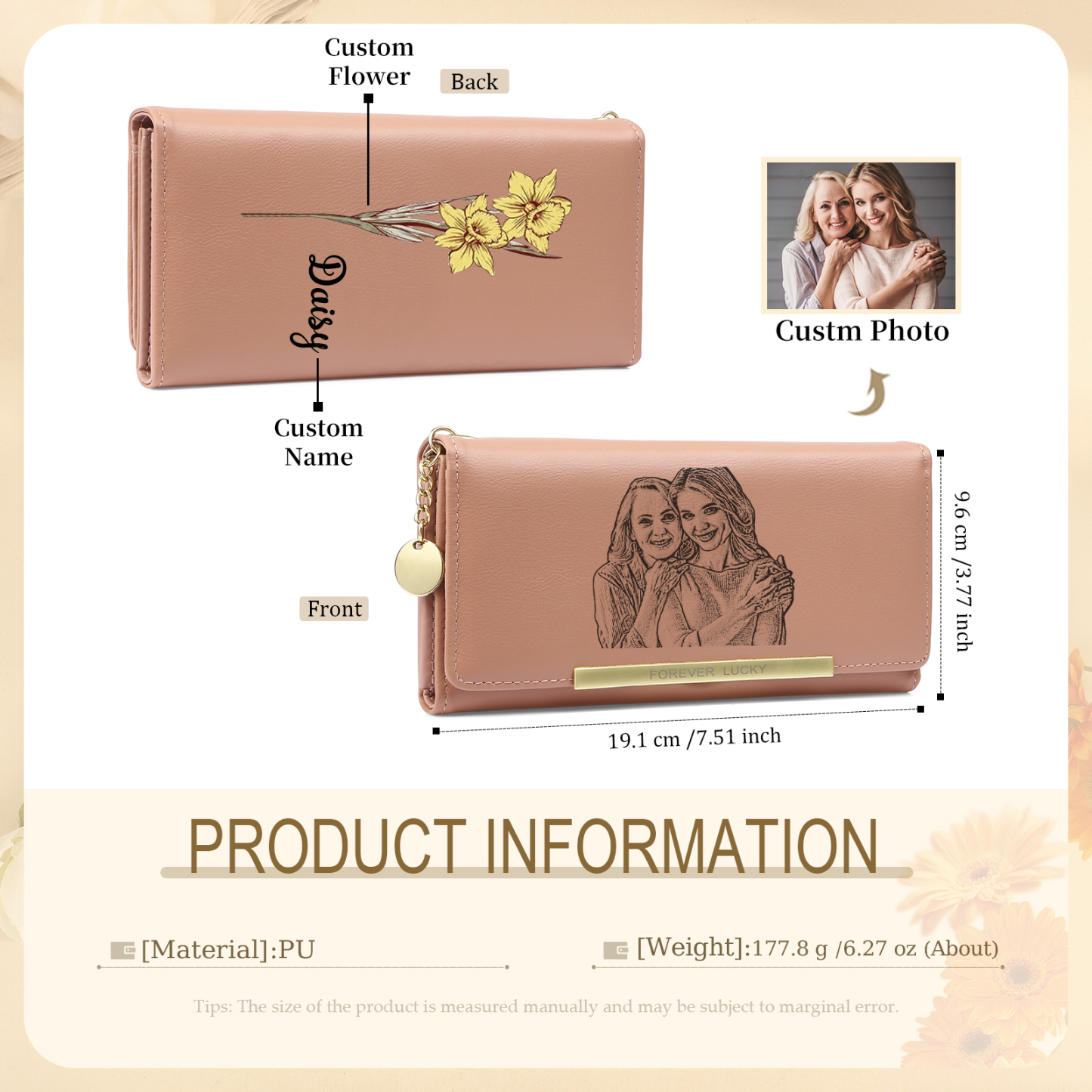 Custom Purse-Personalized Birthflower & Name PU Leather Women's Zipper Wallet Gift For Her