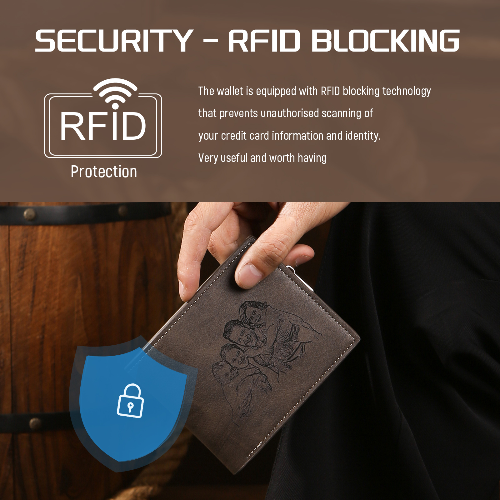 Custom Men’s Wallet – Short Bifold Style with Photo & Name Personalisation + RFID Blocking | Lorajewel