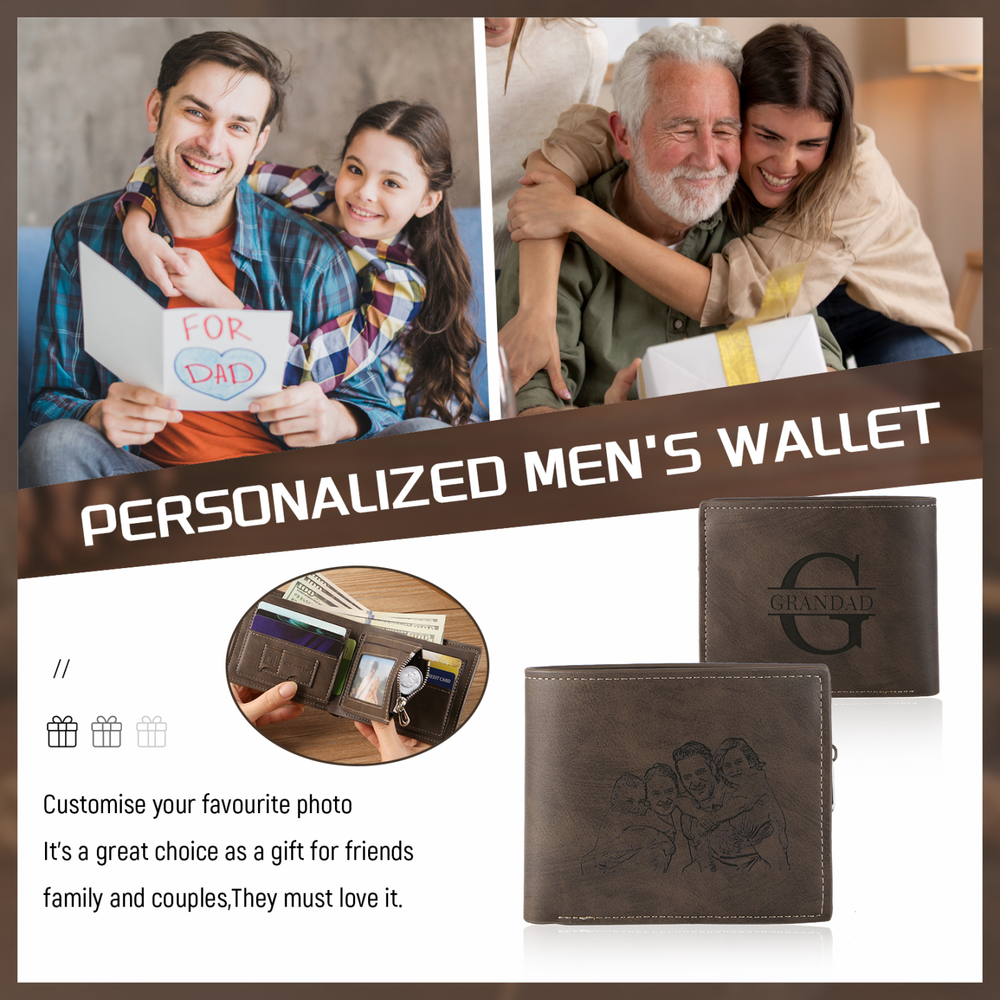 Custom Men’s Wallet – Short Bifold Style with Photo & Name Personalisation + RFID Blocking | Lorajewel