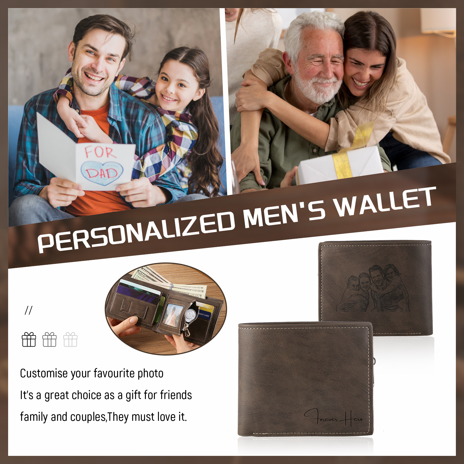 Custom Men’s Wallet – Short Bifold Style with Photo & Name Personalisation + RFID Blocking | Lorajewel