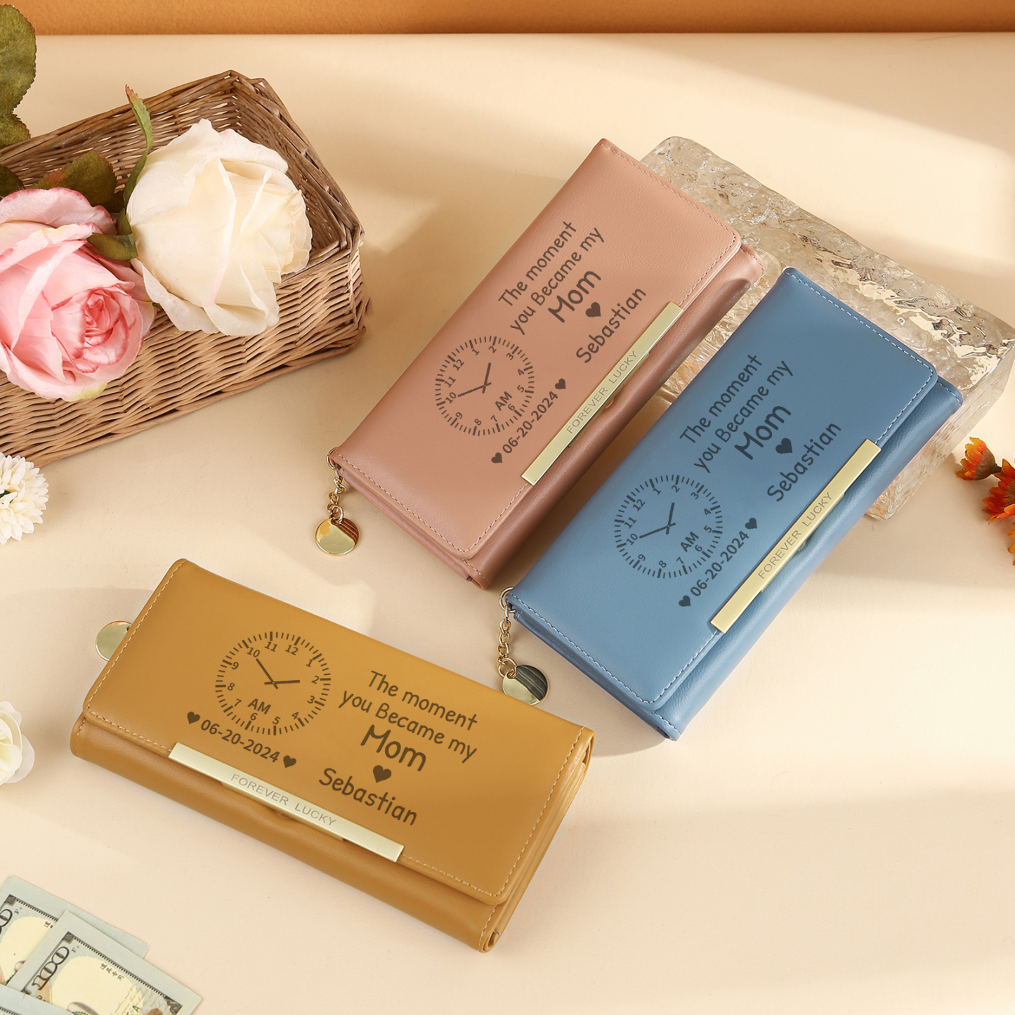 Personalized Women's Wallet with Custom Photo  – PU Leather Ladies Purse in Blue & Pink & Yellow Mother's Day Gift for Mom/Nan | Lorajewel