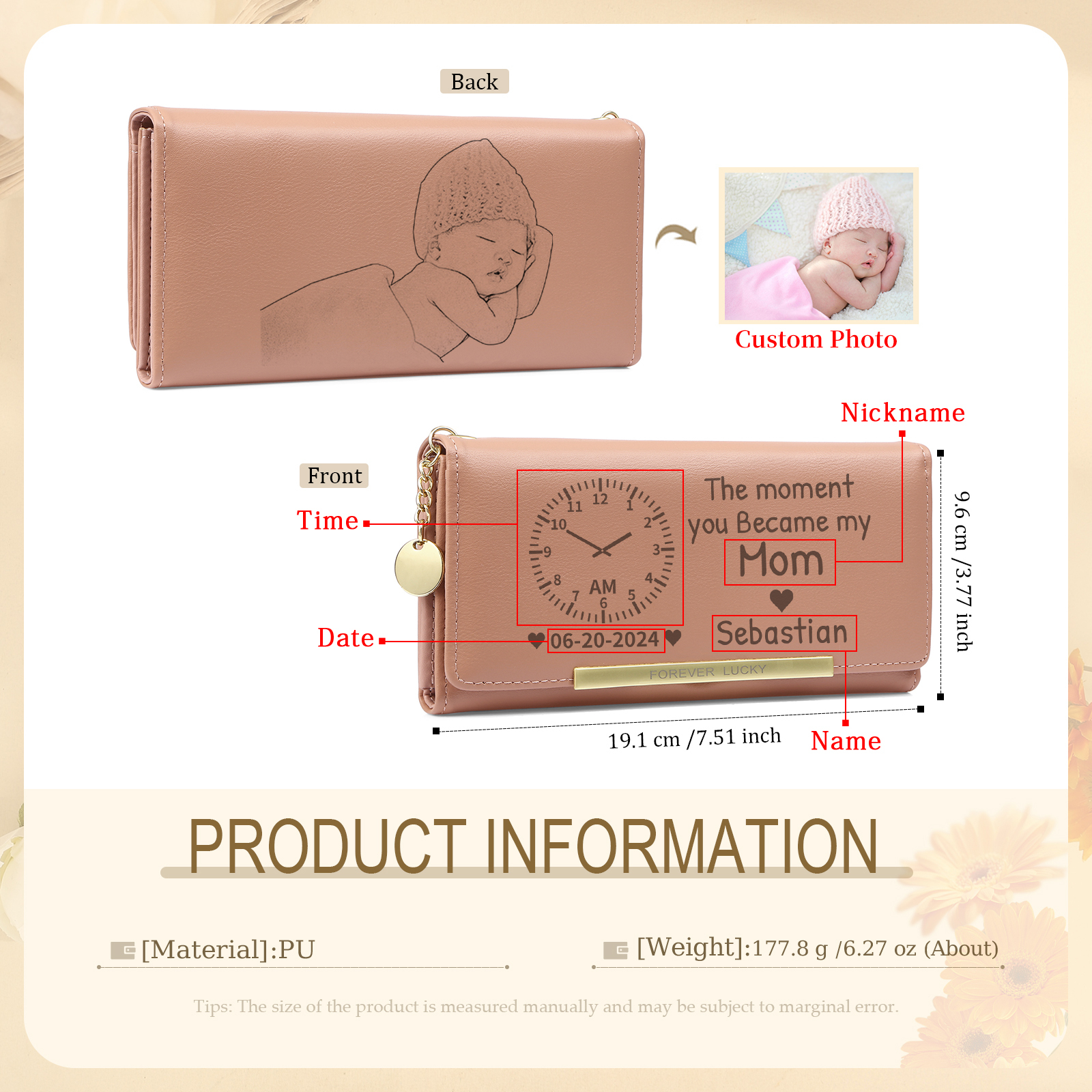 Personalized Women's Wallet with Custom Photo  – PU Leather Ladies Purse in Blue & Pink & Yellow Mother's Day Gift for Mom/Nan | Lorajewel