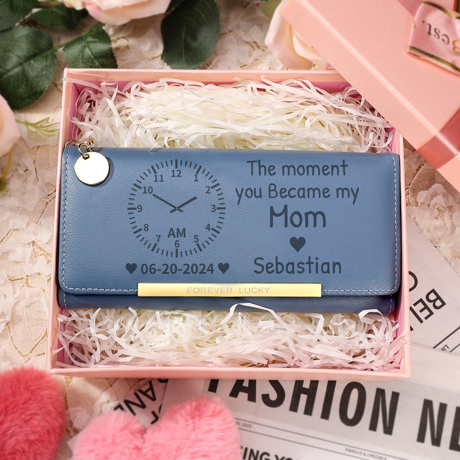 Personalized Women's Wallet with Custom Photo  – PU Leather Ladies Purse in Blue & Pink & Yellow Mother's Day Gift for Mom/Nan | Lorajewel