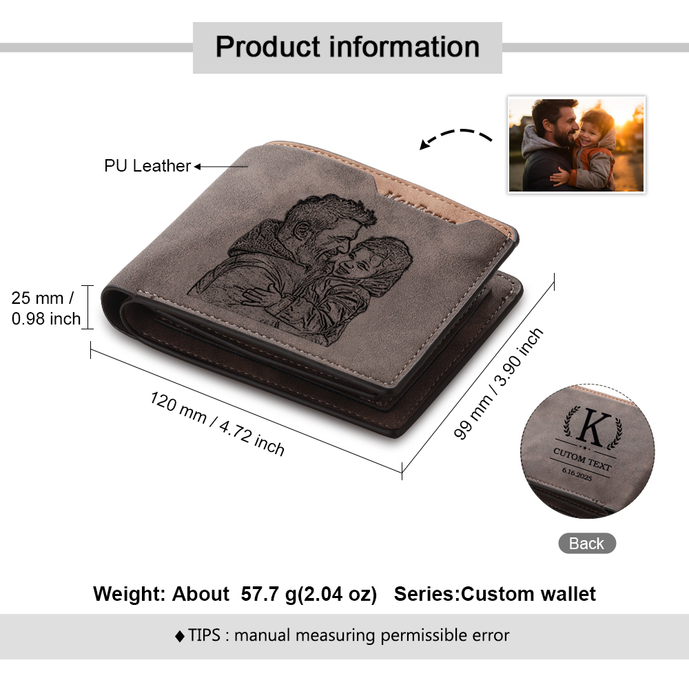 Custom Engraved Men’s Leather Wallet – Personalized with 1 Photo, Name, Initial, and Date | Lorajewel
