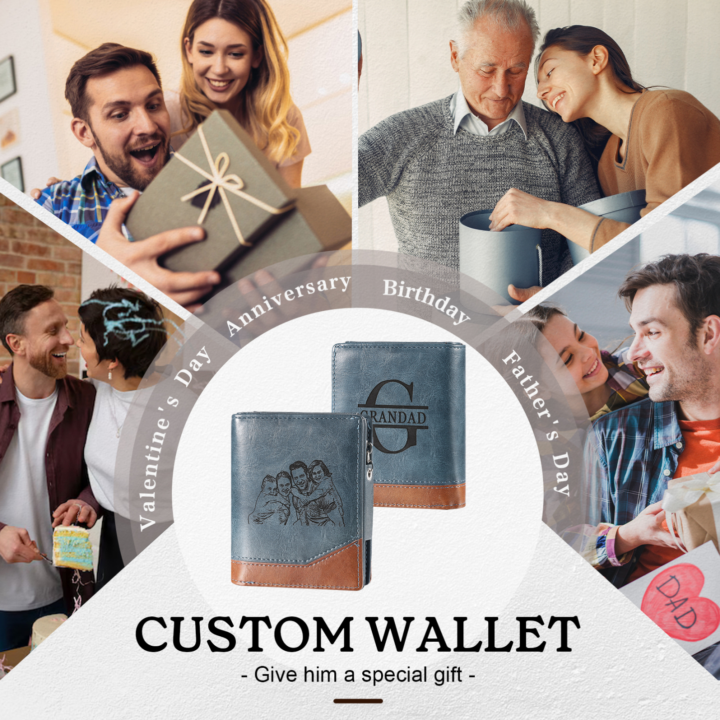Personalized Engraved Photo Wallet with Initial & 1 Name - Father's Day Gift for Dad | Lorajewel