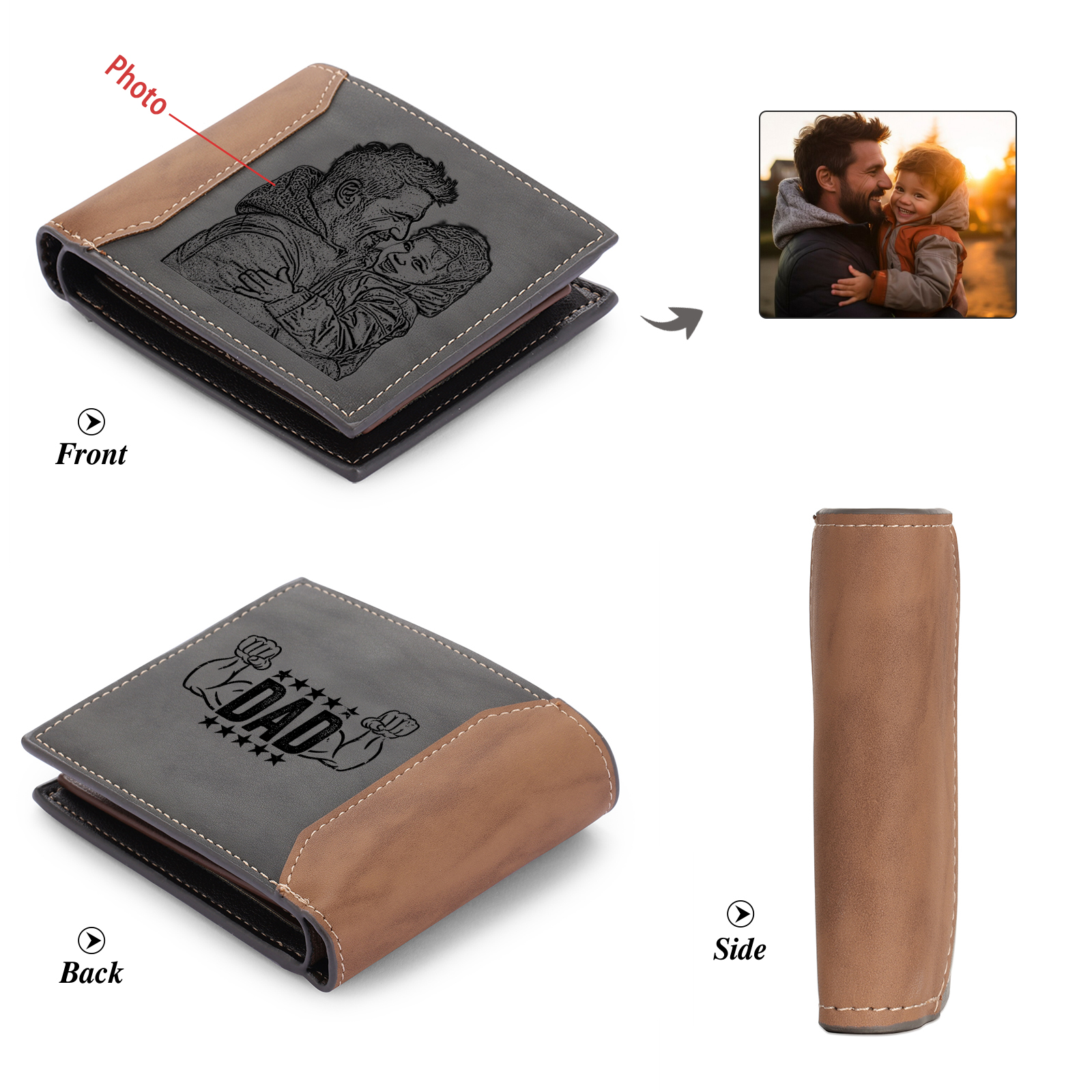 Personalized Photo Wallet for Dad – Custom Engraved Muscle Leather Wallet – Father's Day | Lorajewel