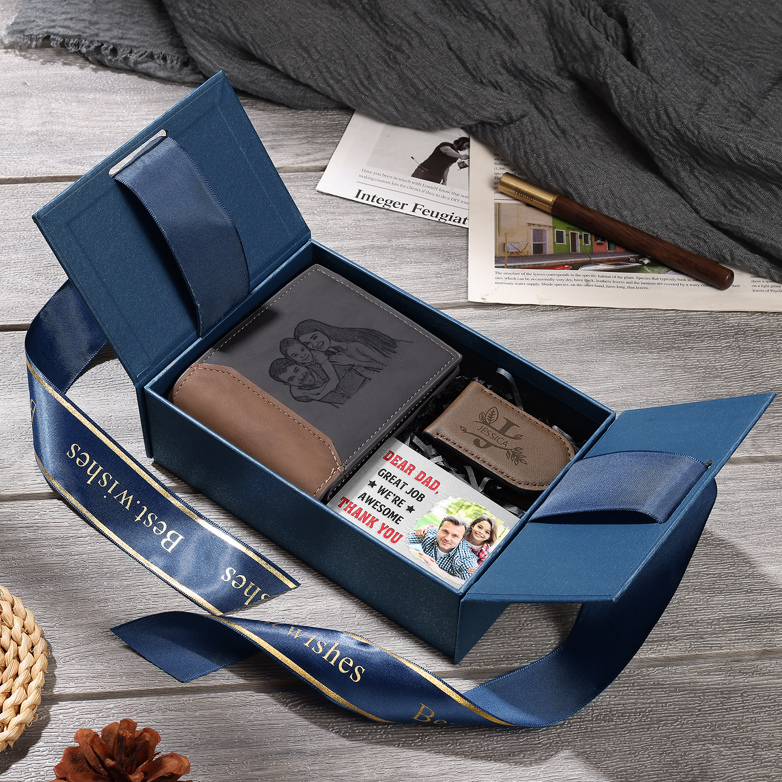 Personalized Wallet Gift Box Set for Dad – Custom Engraved Wallet, Money Clip and Photo Card in Luxury Presentation Box | Lorajewel