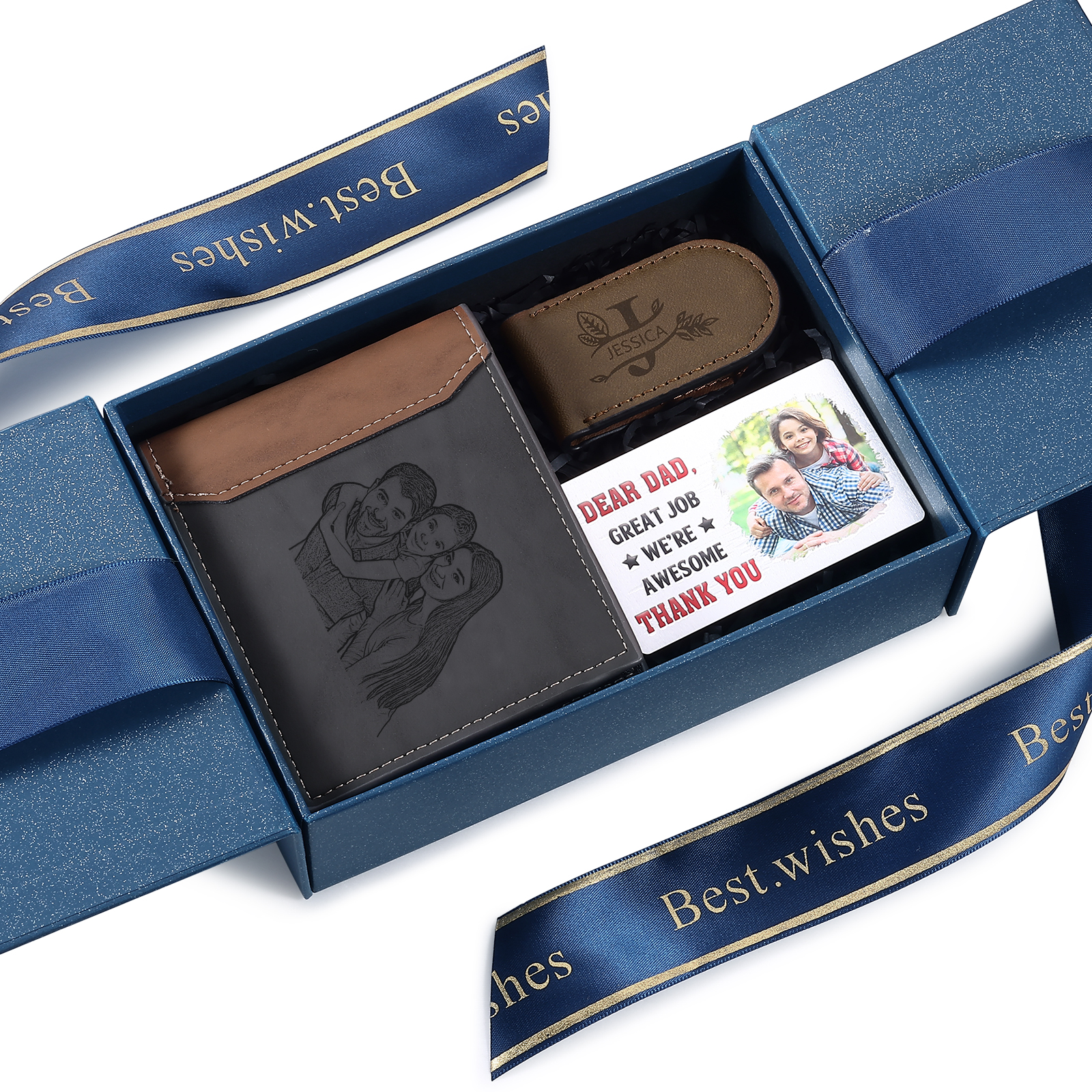 Personalized Wallet Gift Box Set for Dad – Custom Engraved Wallet, Money Clip and Photo Card in Luxury Presentation Box | Lorajewel