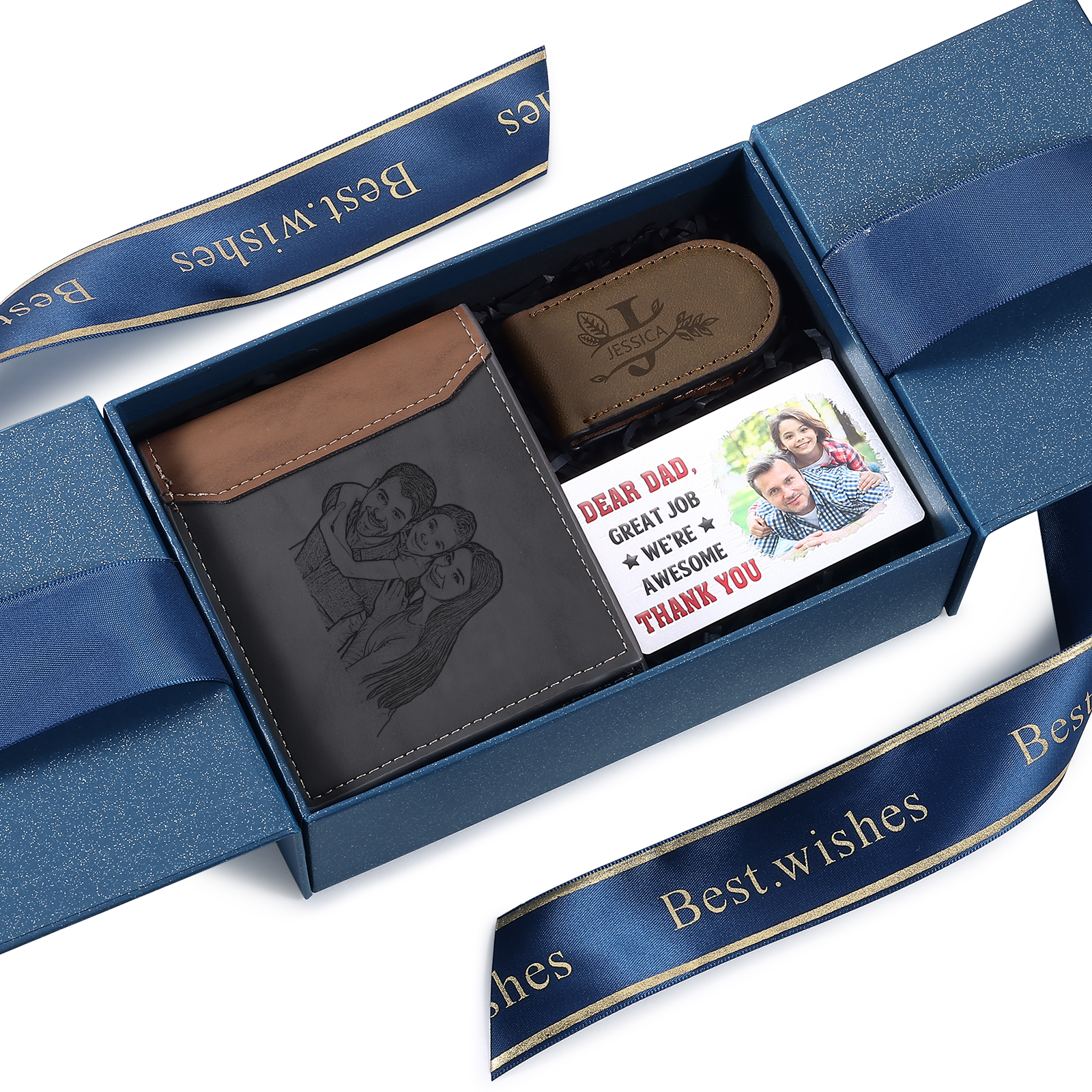 Personalized Wallet Gift Box Set for Dad – Custom Engraved Wallet, Money Clip and Photo Card in Luxury Presentation Box | Lorajewel