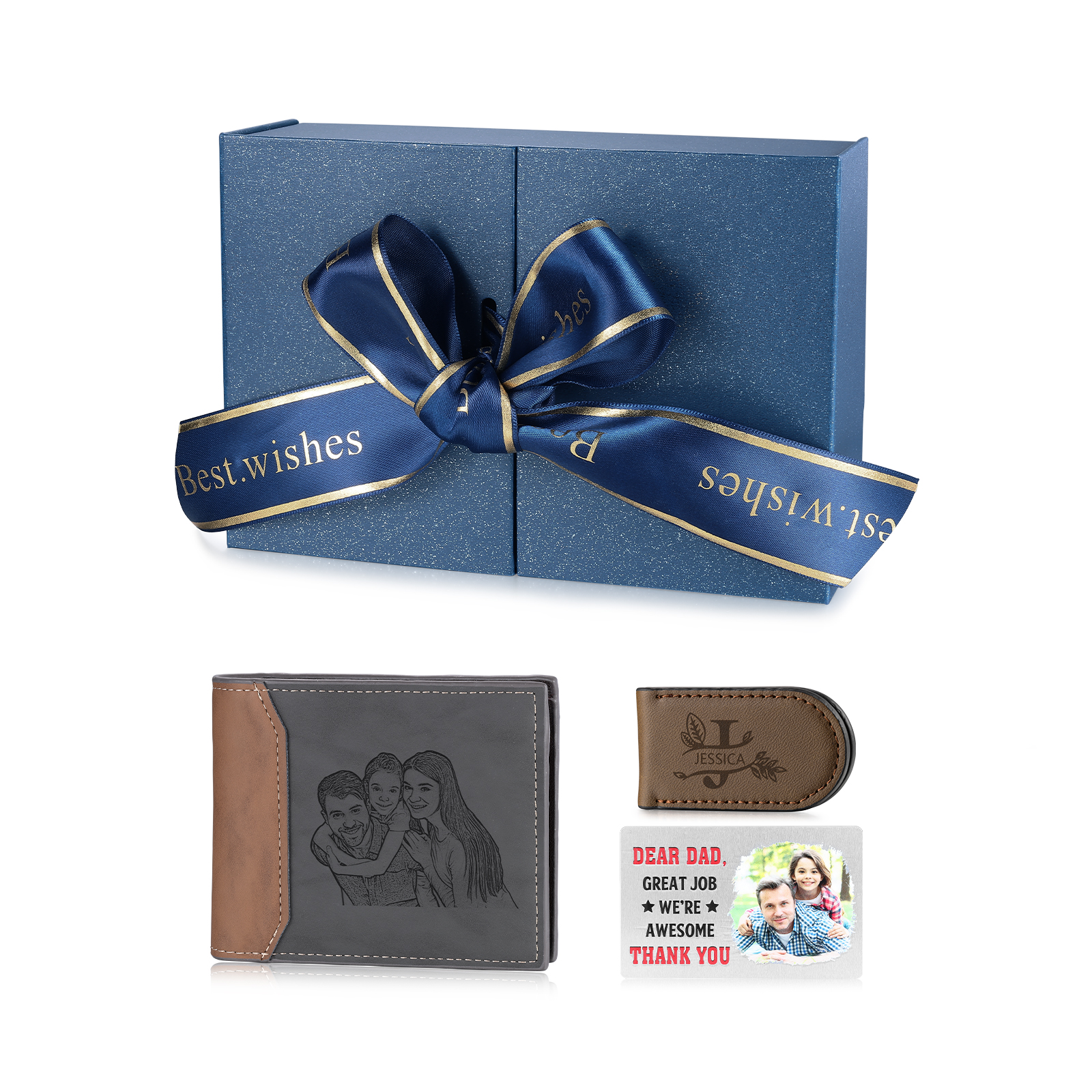 Personalized Wallet Gift Box Set for Dad – Custom Engraved Wallet, Money Clip and Photo Card in Luxury Presentation Box | Lorajewel