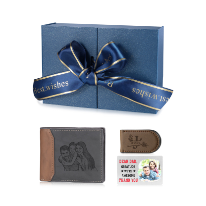 Personalized Wallet Gift Box Set for Dad – Custom Engraved Wallet, Money Clip and Photo Card in Luxury Presentation Box | Lorajewel