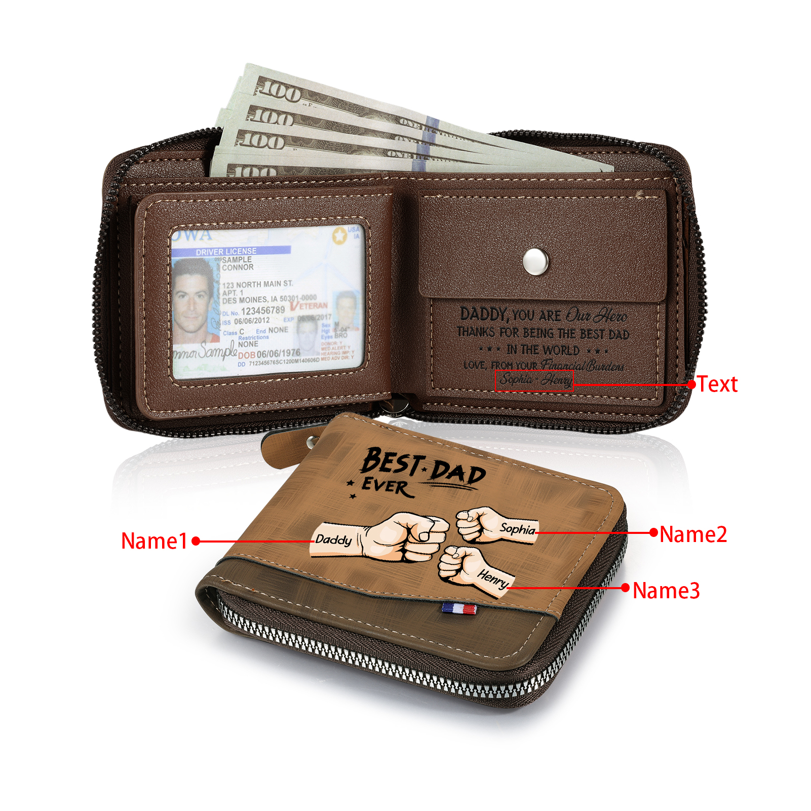 3 Names & 1 Text Custom Wallet for Men – Personalized Best Dad Gift, Perfect for Father's Day | Lorajewel