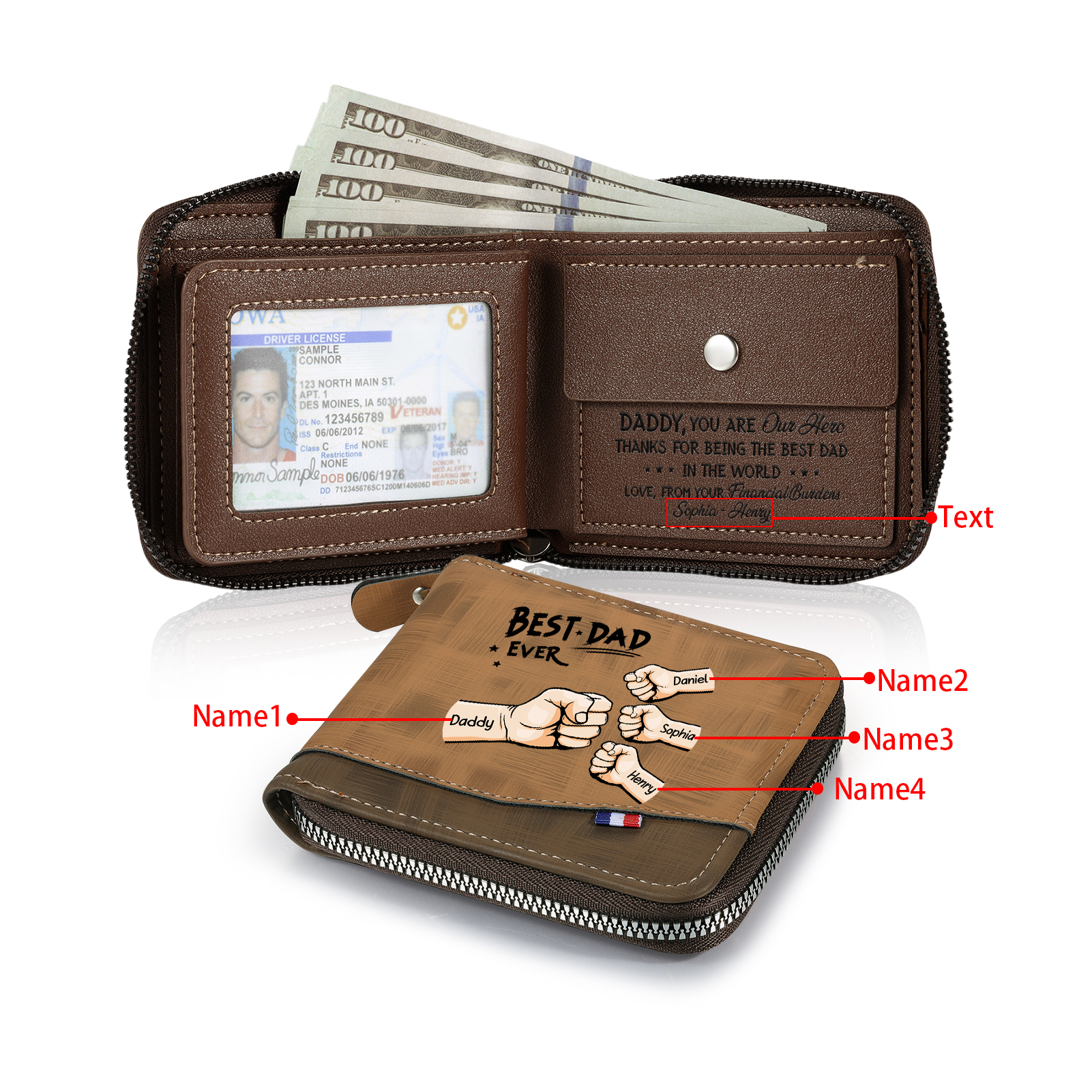 4 Names & 1 Text Custom Wallet for Men – Personalized Best Dad Gift, Perfect for Father's Day | Lorajewel