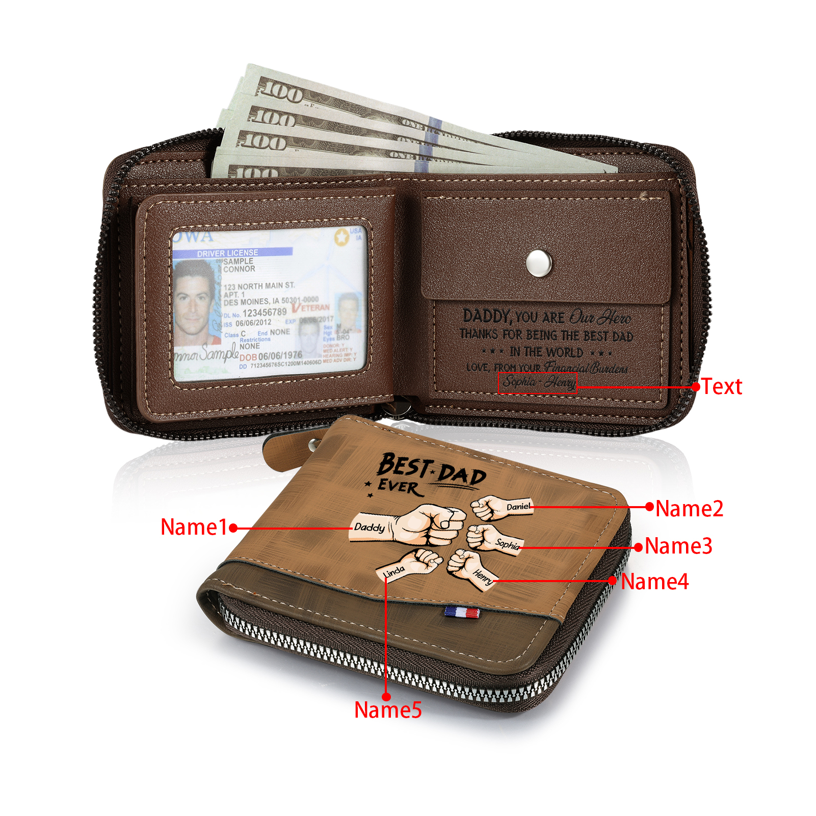 5 Names & 1 Text Custom Wallet for Men – Personalized Best Dad Gift, Perfect for Father's Day | Lorajewel