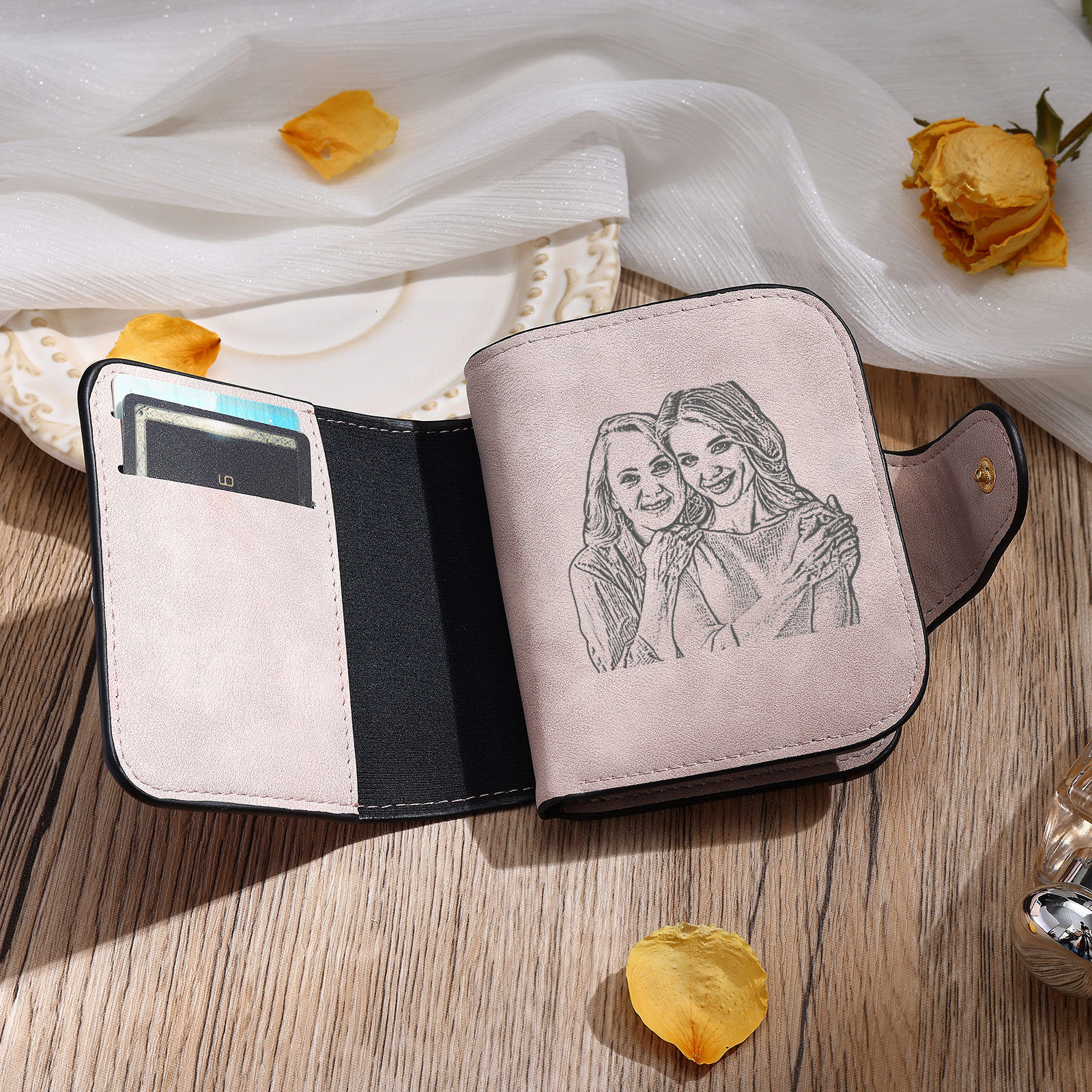 Personalized Photo & Initial & Birthflower PU Leather Wallet for Women | Lorajewel