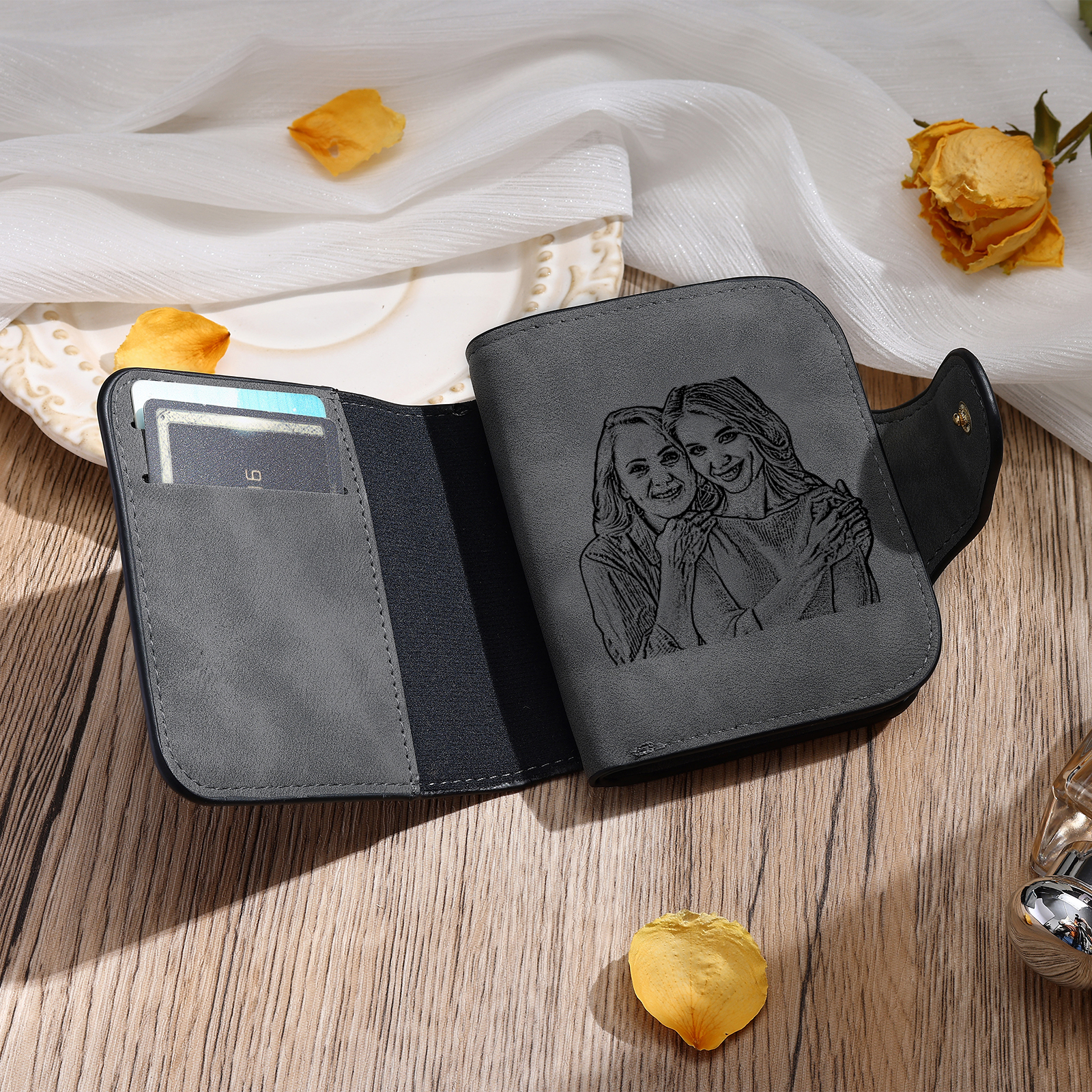 Personalized Photo & Initial & Birthflower PU Leather Wallet for Women | Lorajewel