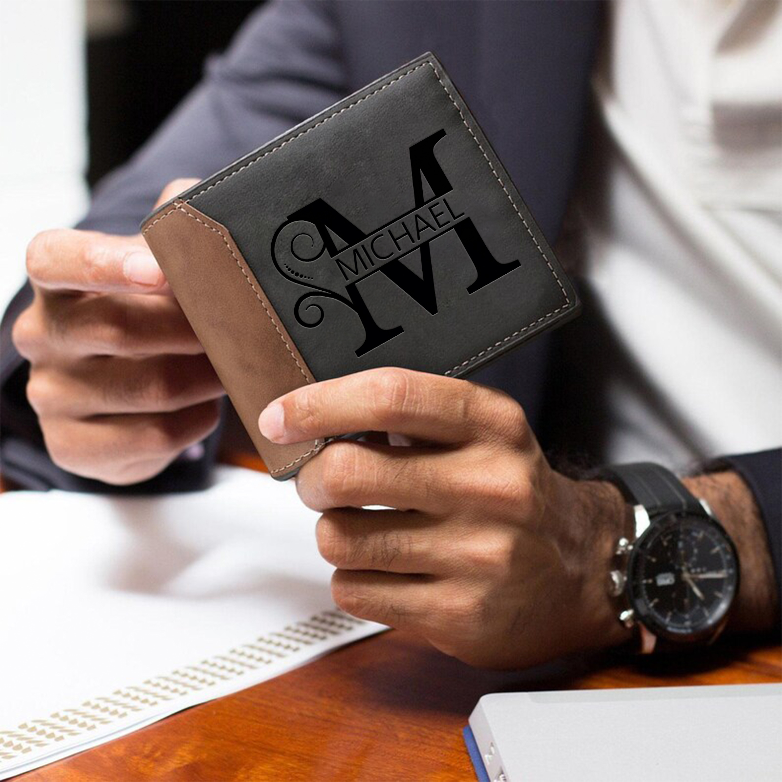 Personalized Leather Wallet with Monogram & Name – Custom Initial Men’s Wallet Gift | Lorajewel