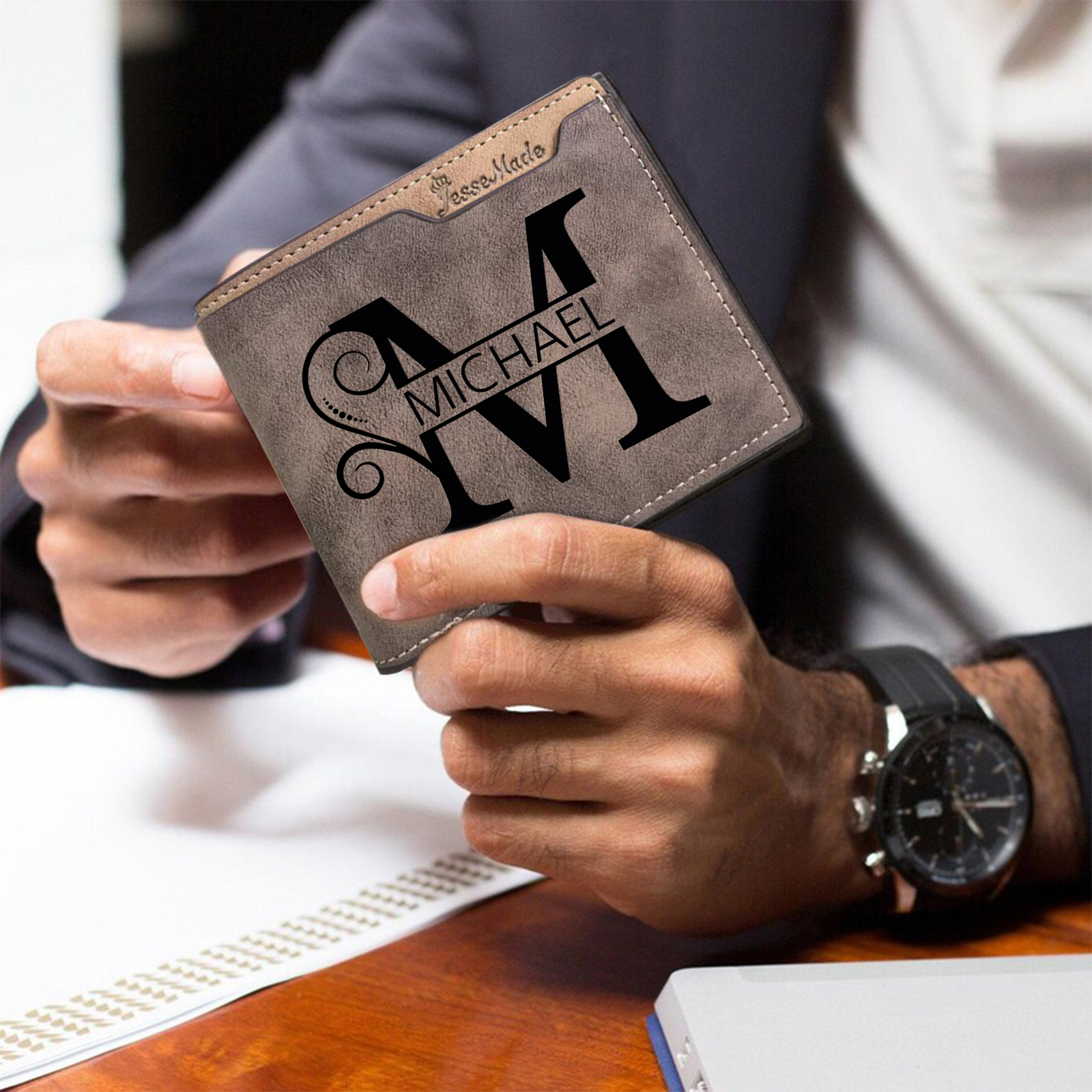 Personalized Dark Brown Leather Wallet with Letter & Name – Custom Initial Men’s Wallet Gift | Lorajewel