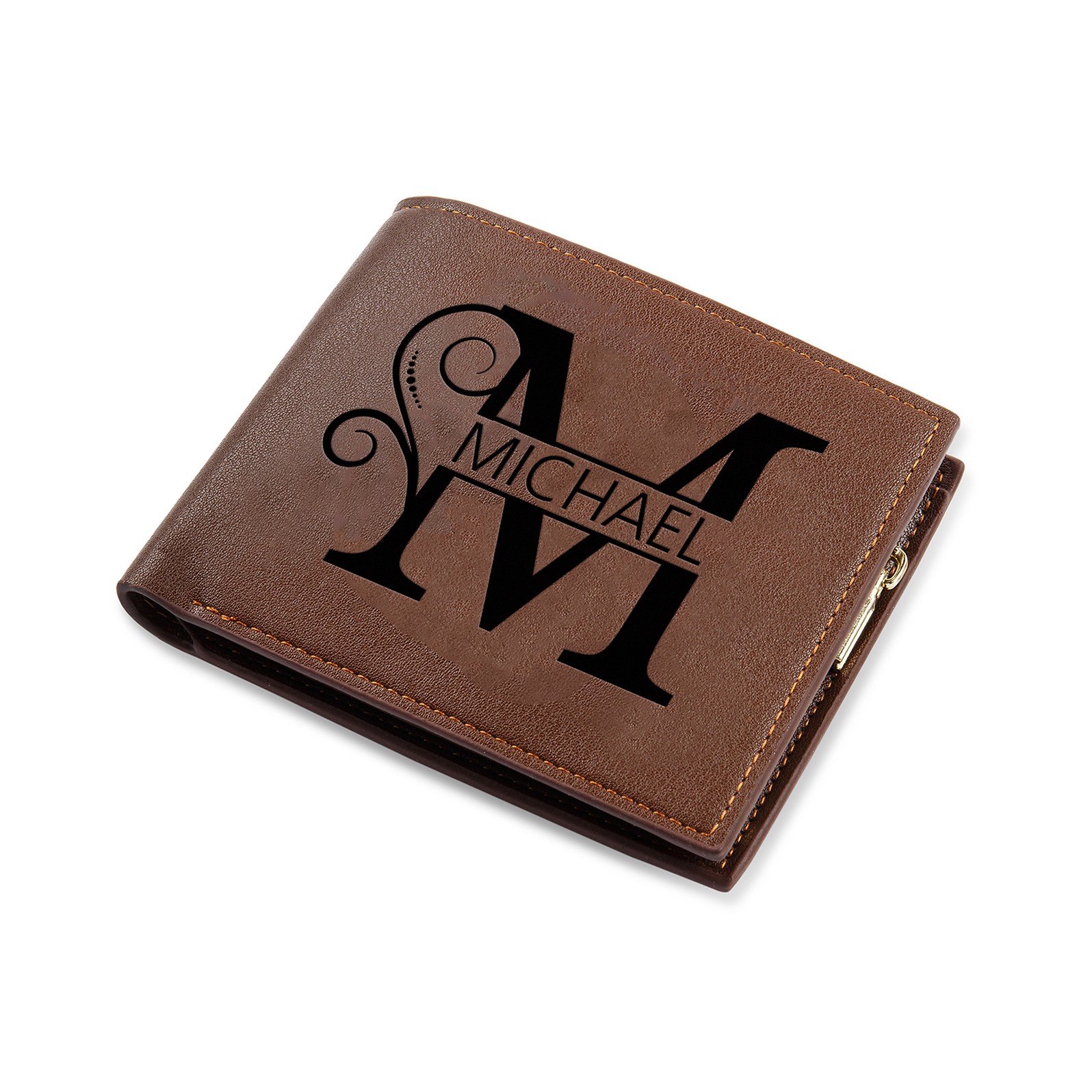 Personalized Elegant Brown Leather Wallet with Name & Initial – Custom Monogram Wallet for Men | Lorajewel