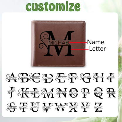 Personalized Elegant Brown Leather Wallet with Name & Initial – Custom Monogram Wallet for Men | Lorajewel