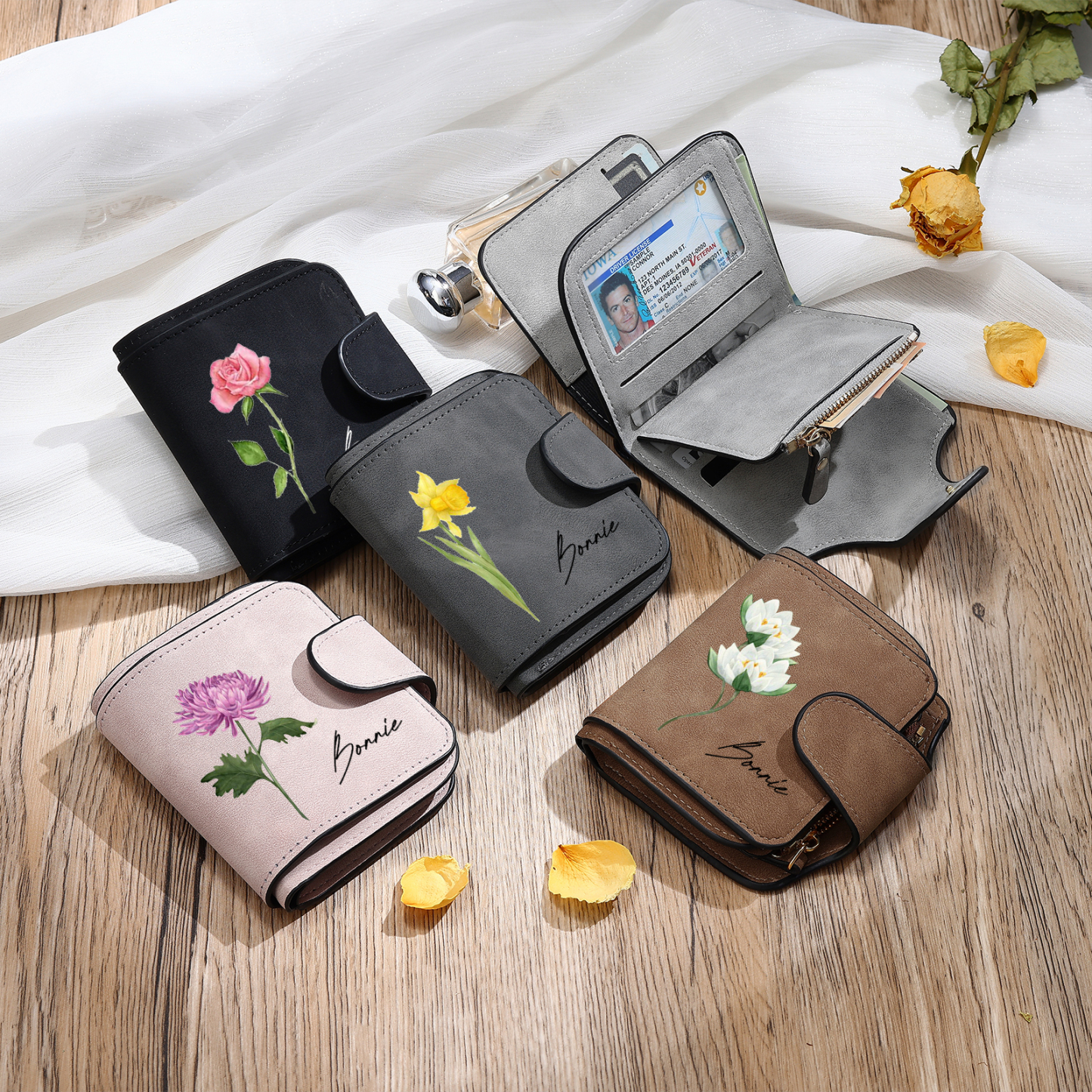 1 Name Personalized Birth Flower Women's Wallet - Custom Purse for Mom | Lorajewel