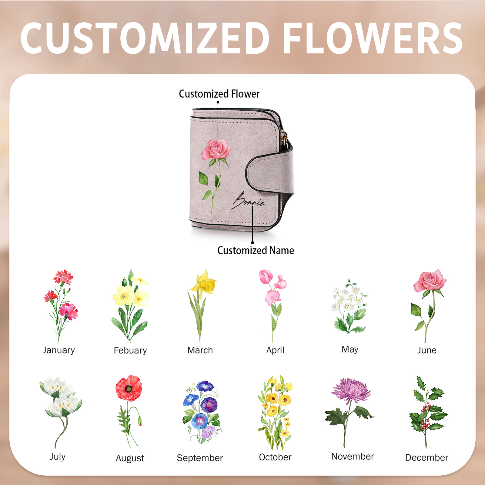 1 Name Personalized Birth Flower Women's Wallet - Custom Purse for Mom | Lorajewel