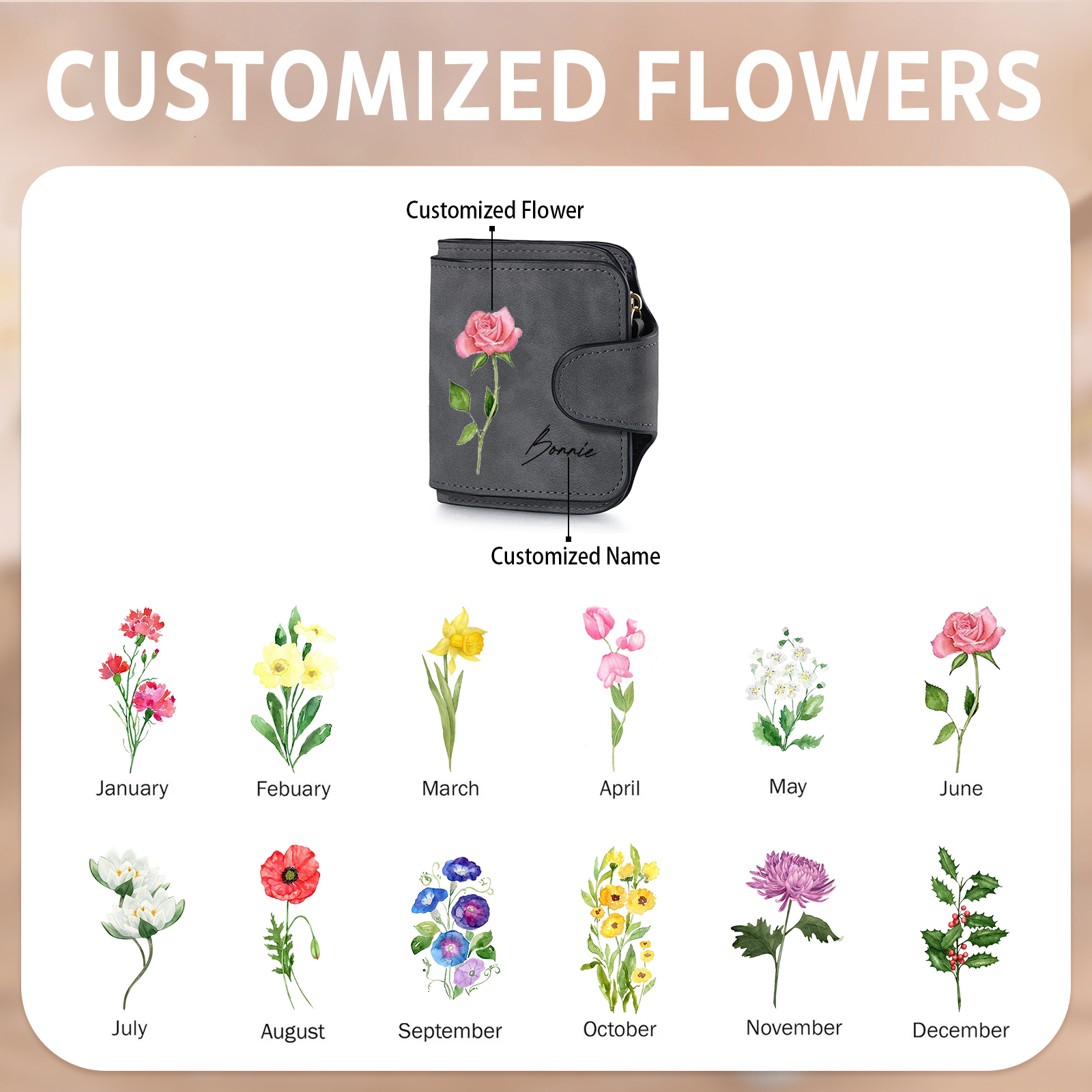 1 Name Personalized Birth Flower Women's Wallet - Custom Purse for Mom | Lorajewel