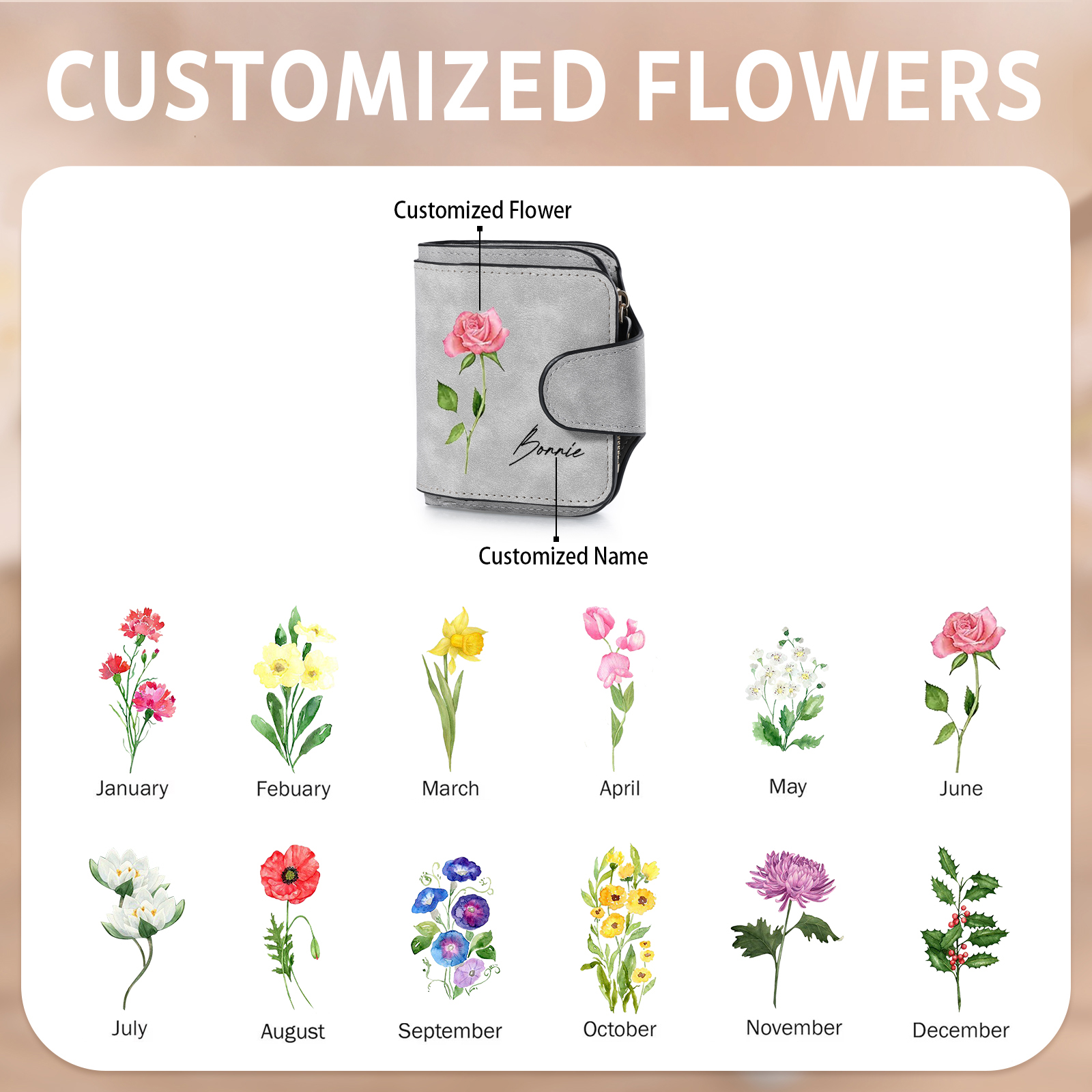 1 Name Personalized Birth Flower Women's Wallet - Custom Purse for Mom | Lorajewel