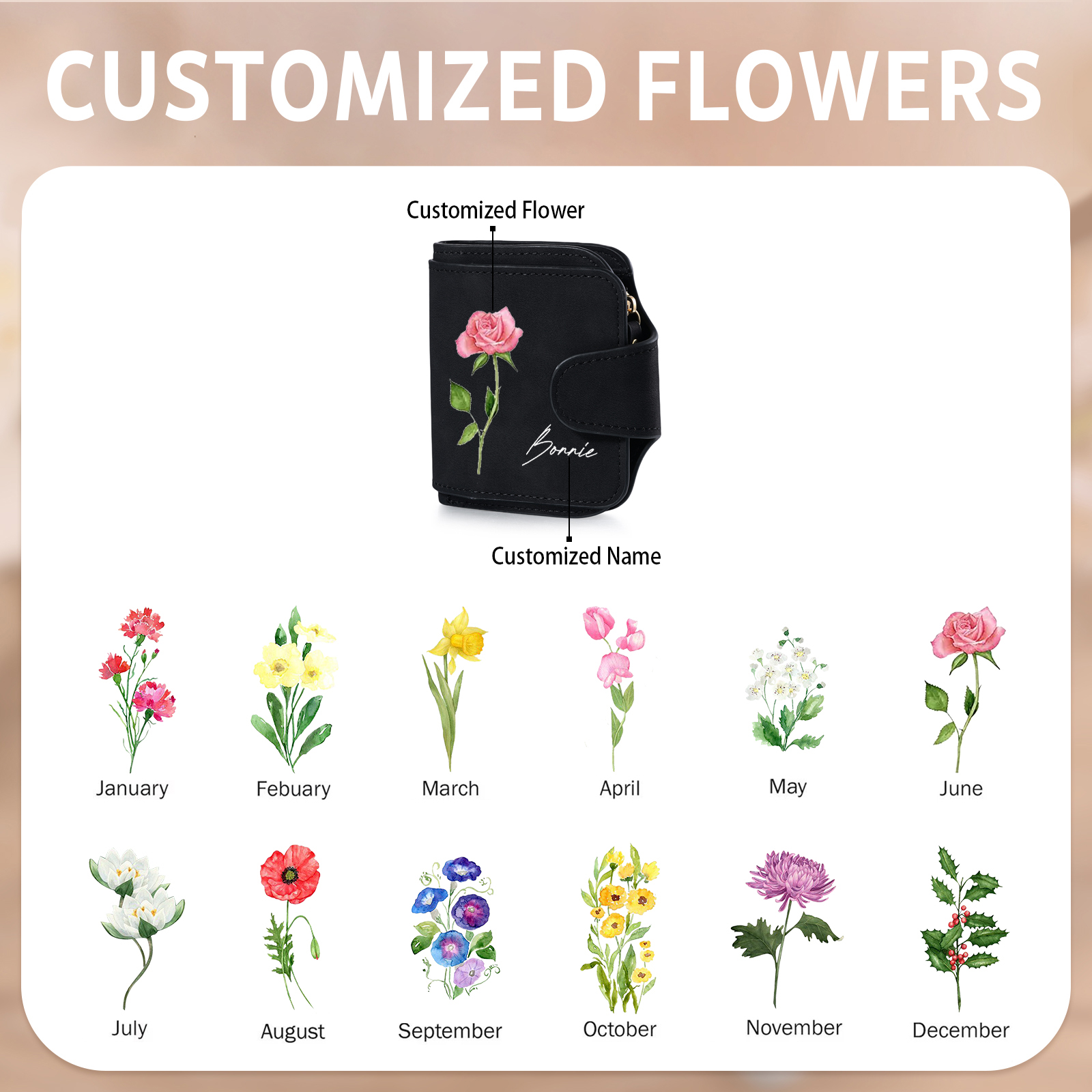 1 Name Personalized Birth Flower Women's Wallet - Custom Purse for Mom | Lorajewel