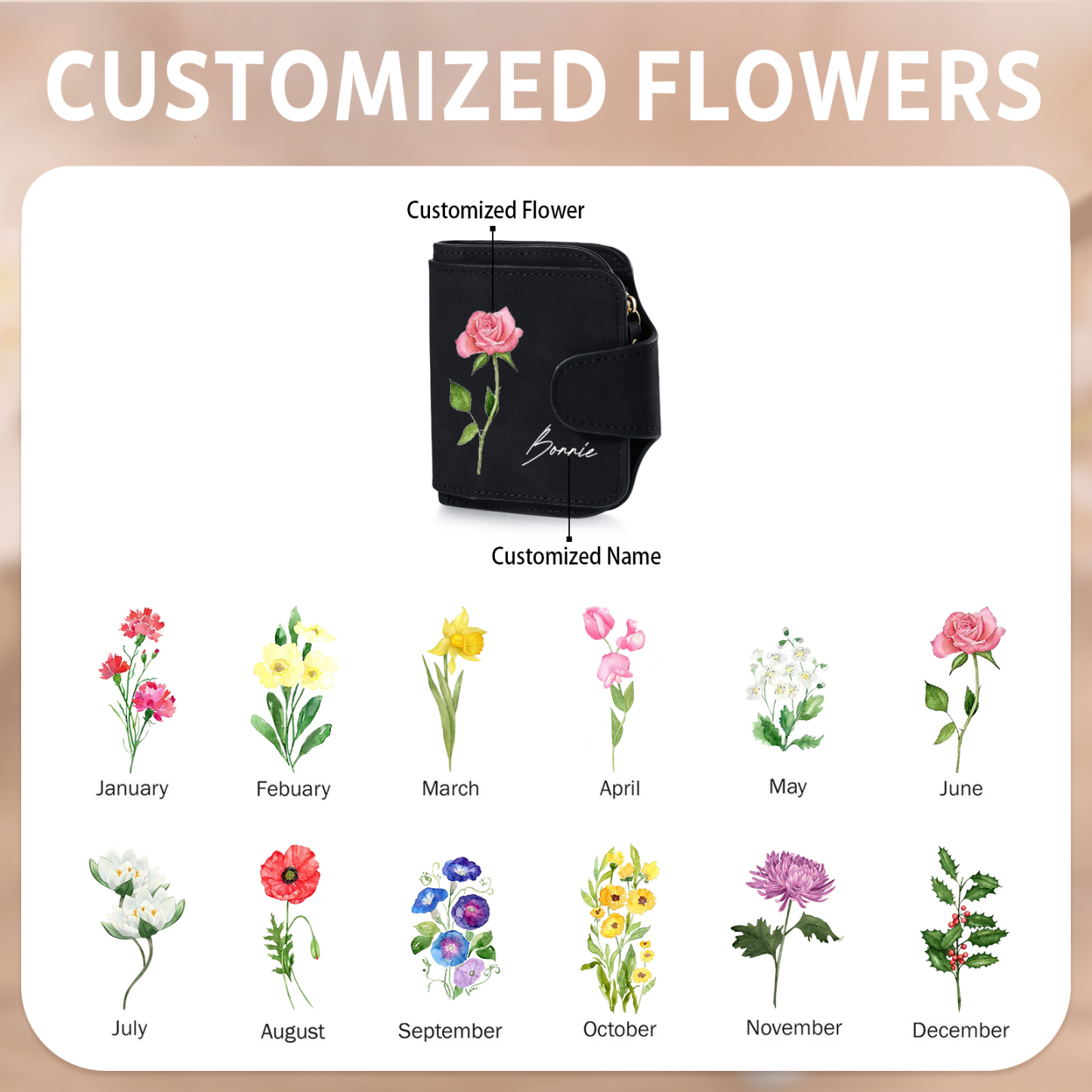 1 Name Personalized Birth Flower Women's Wallet - Custom Purse for Mom | Lorajewel