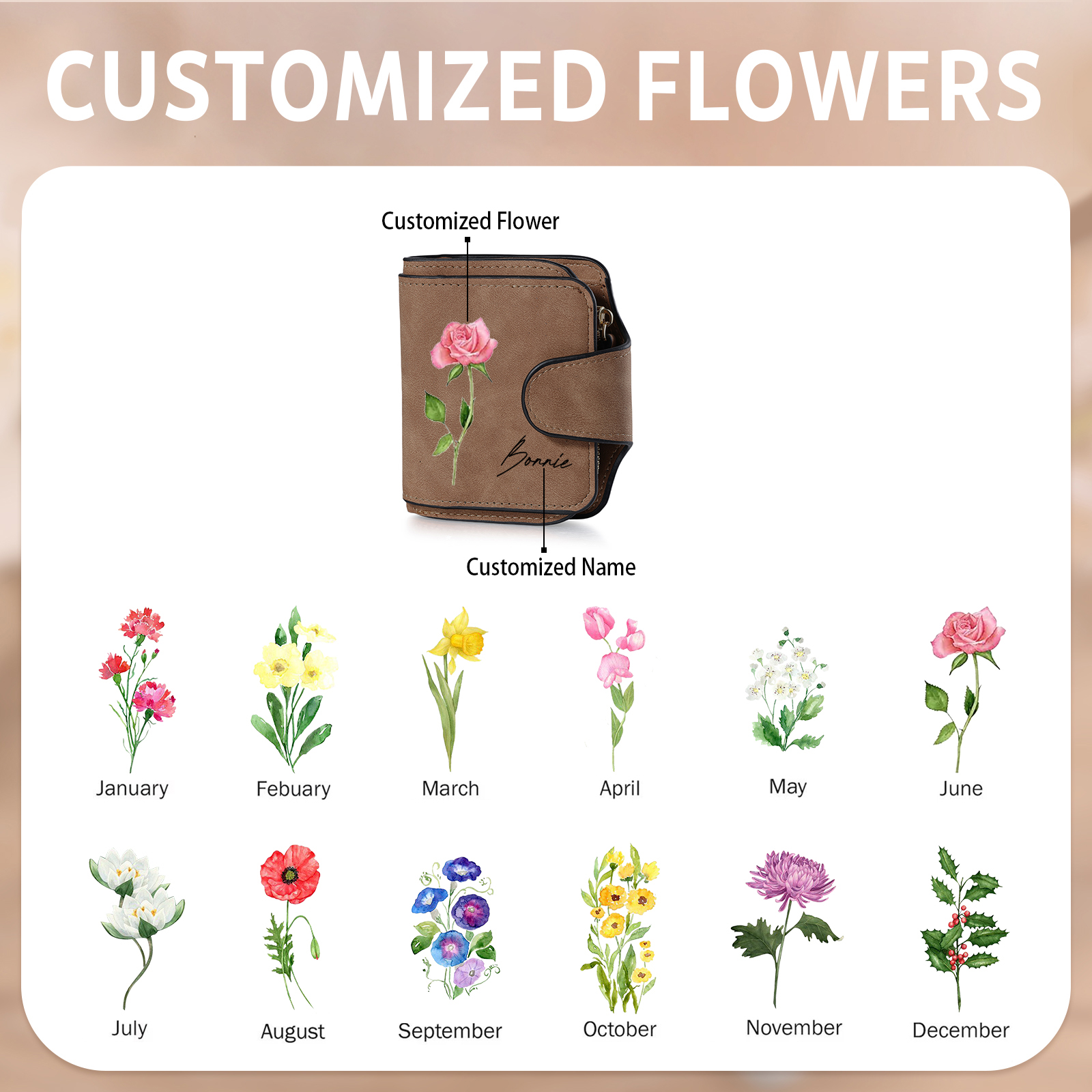 1 Name Personalized Birth Flower Women's Wallet - Custom Purse for Mom | Lorajewel