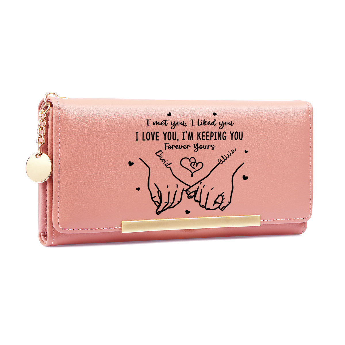 Personalized Pink Love Message Wallet with Holding Hands Design