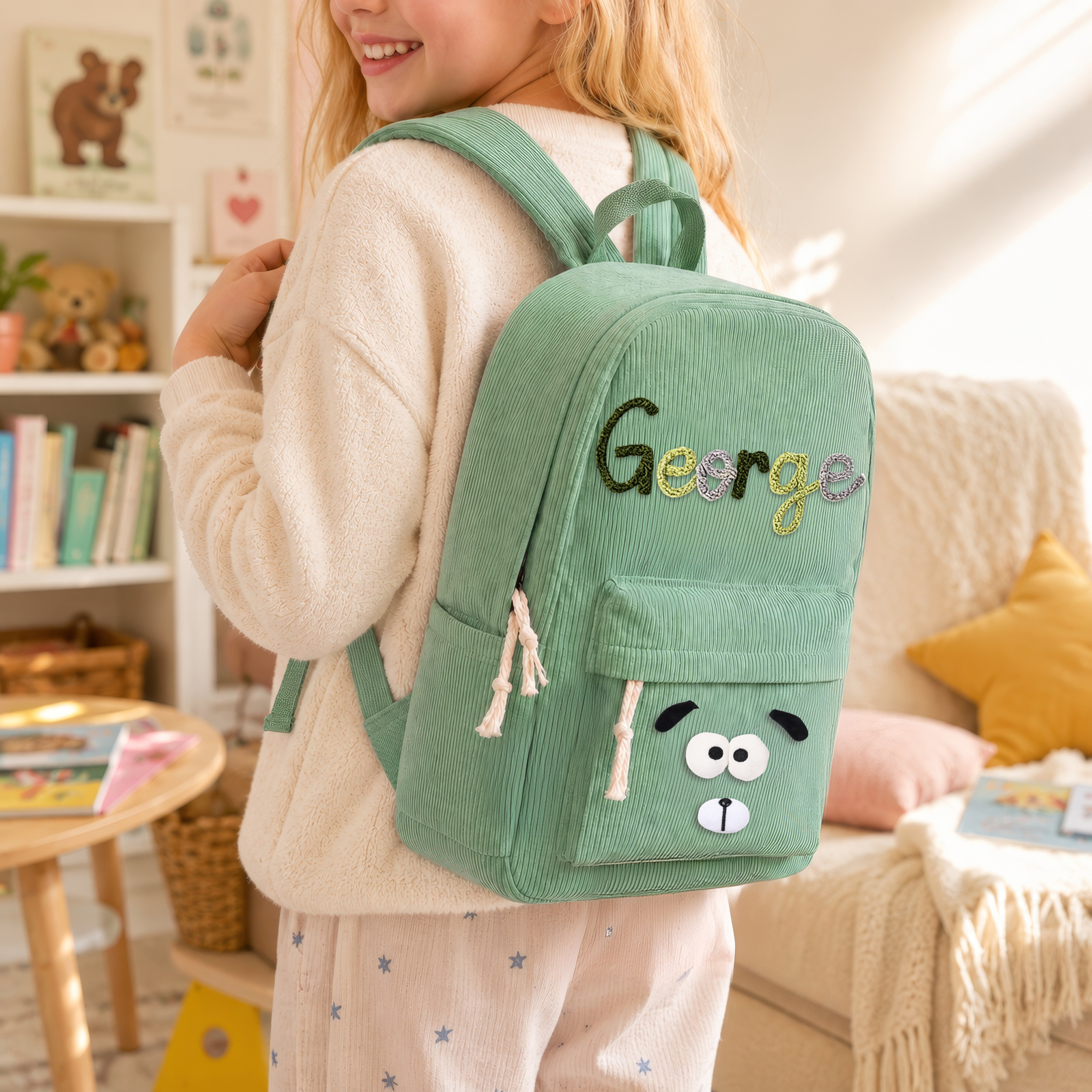 Personalized Corduroy Kids’ Backpack with Name, Cute Dog or Dinosaur Patch School Bag