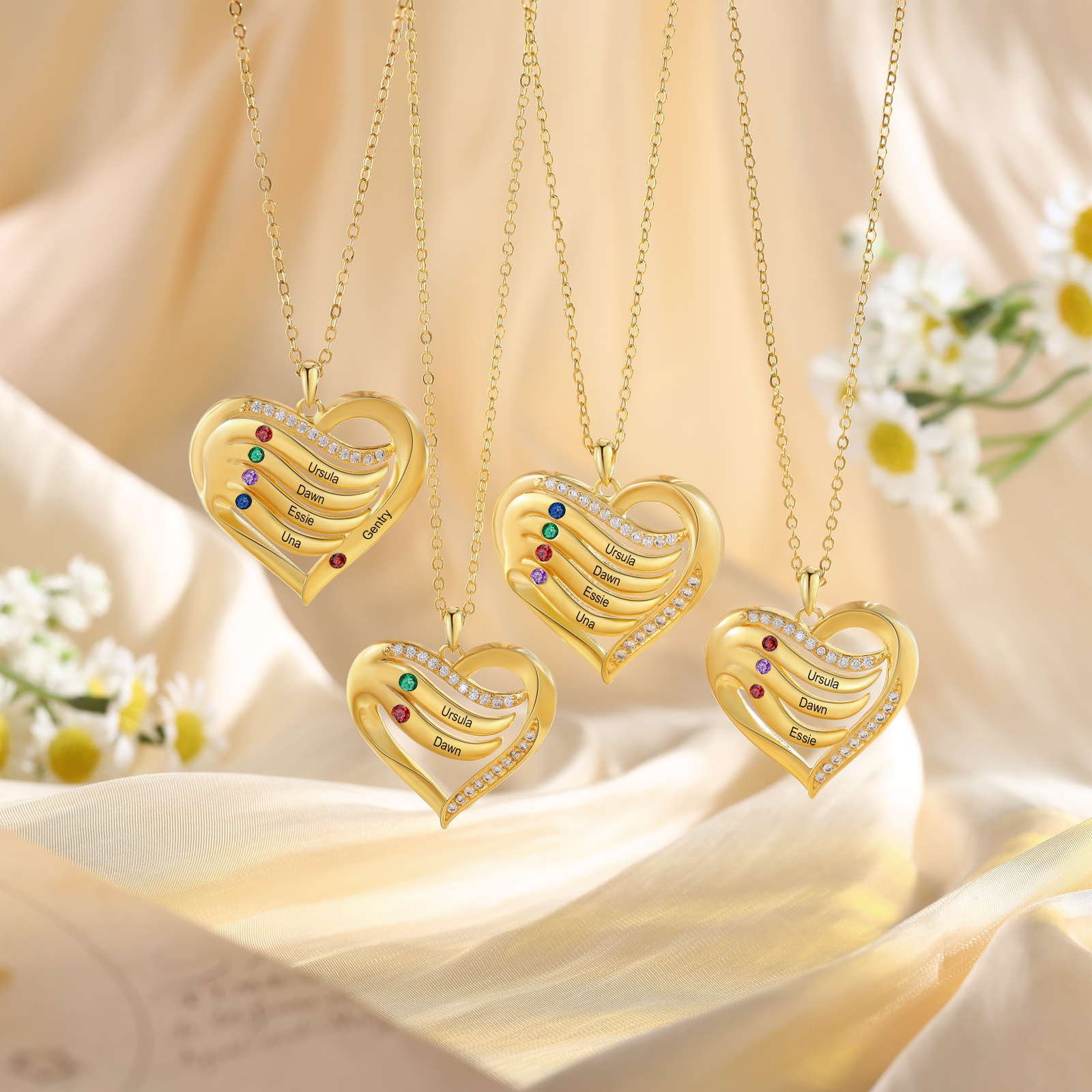 Personalized S925 Silver Heart Gold Necklace with 2-5 Names