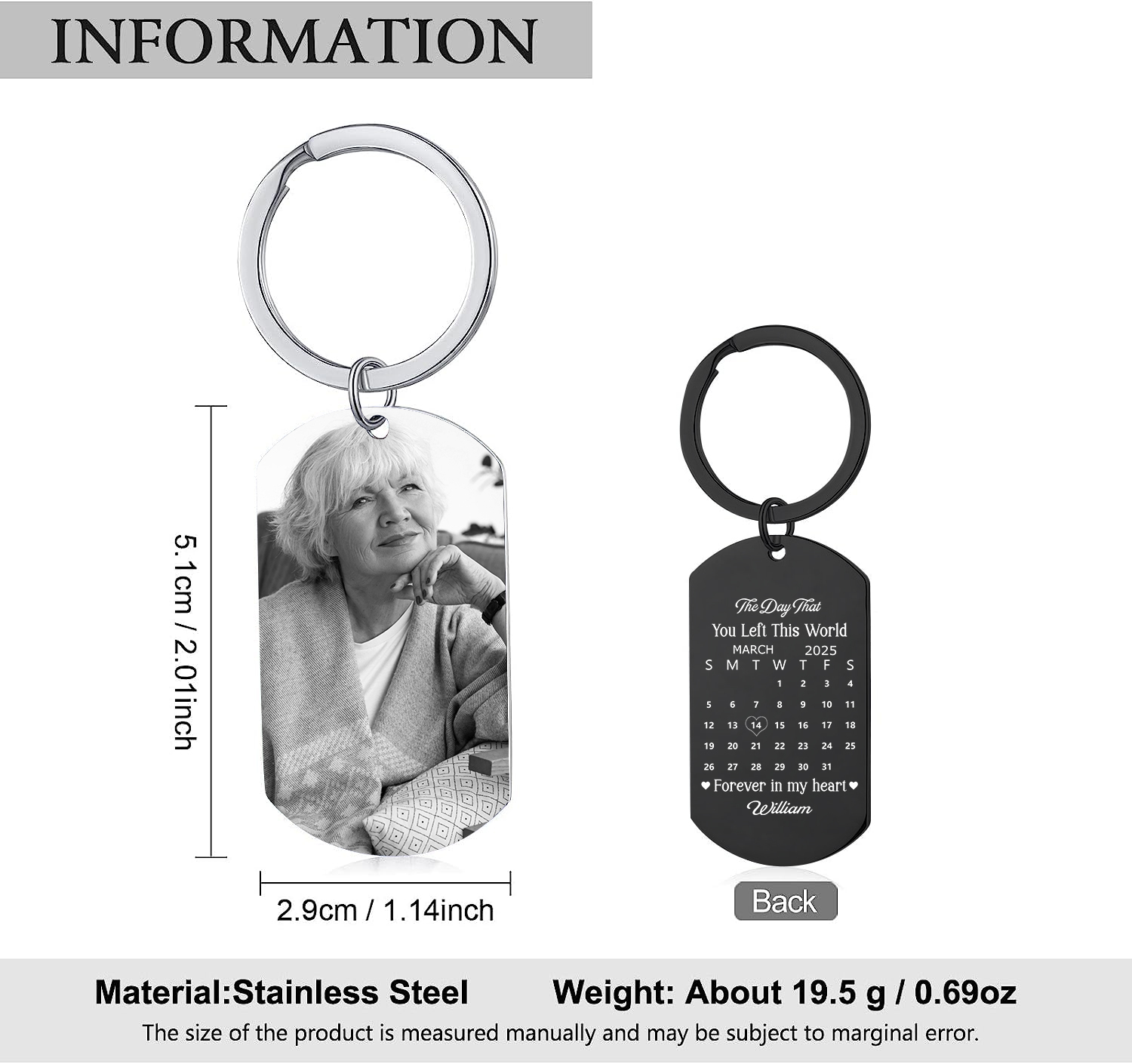 Personalized Steel Photo Calendar Memorial Keychain