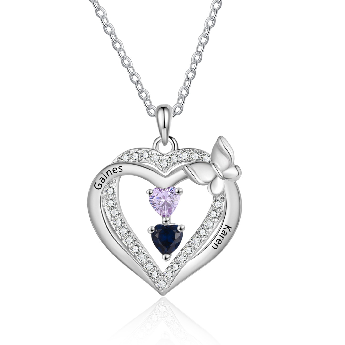 Personalized 1-3 Names Butterfly Heart Birthstone Necklace