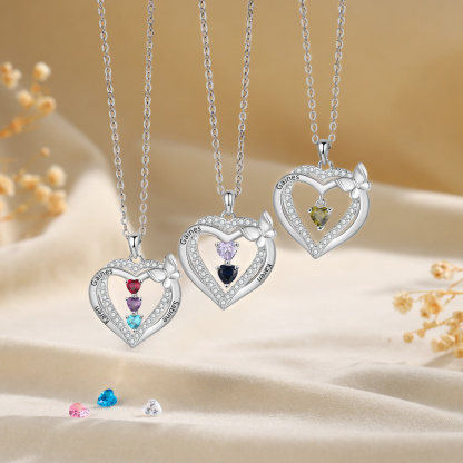 Personalized 1-3 Names Butterfly Heart Birthstone Necklace