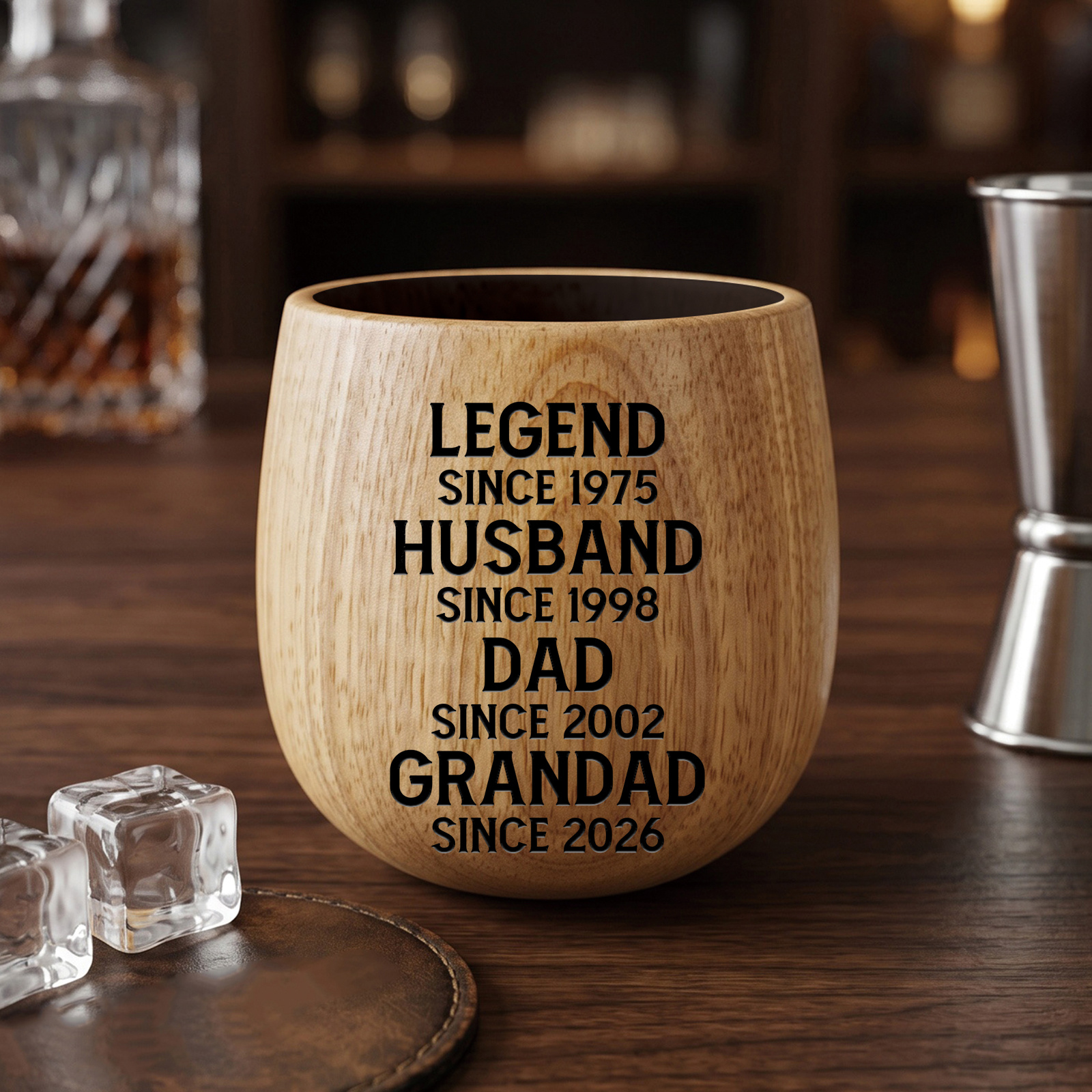Personalized Engraved Wooden Whiskey Tumbler Cup for Dad or Grandpa