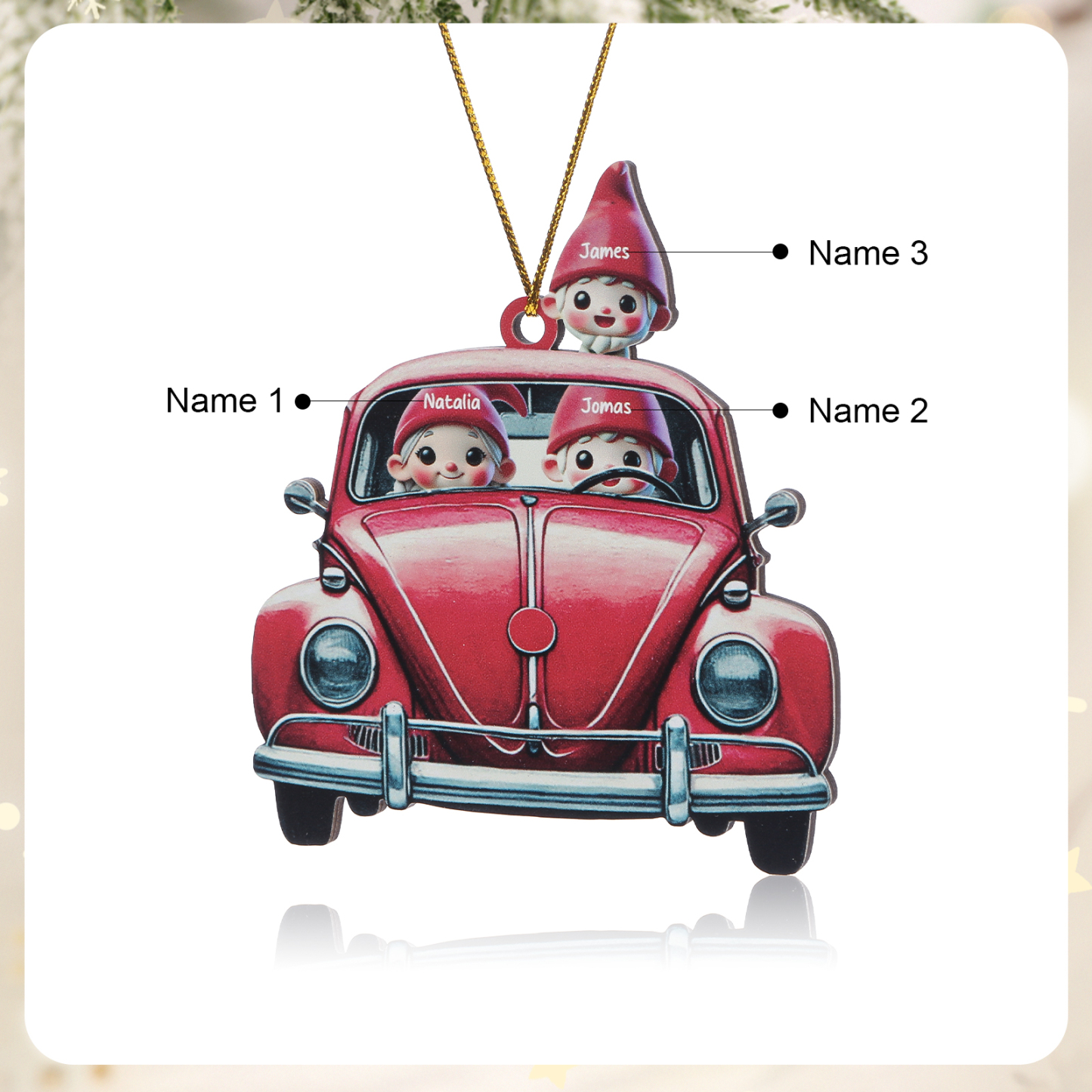 Personalized Red Vintage Car Elf Family Ornament