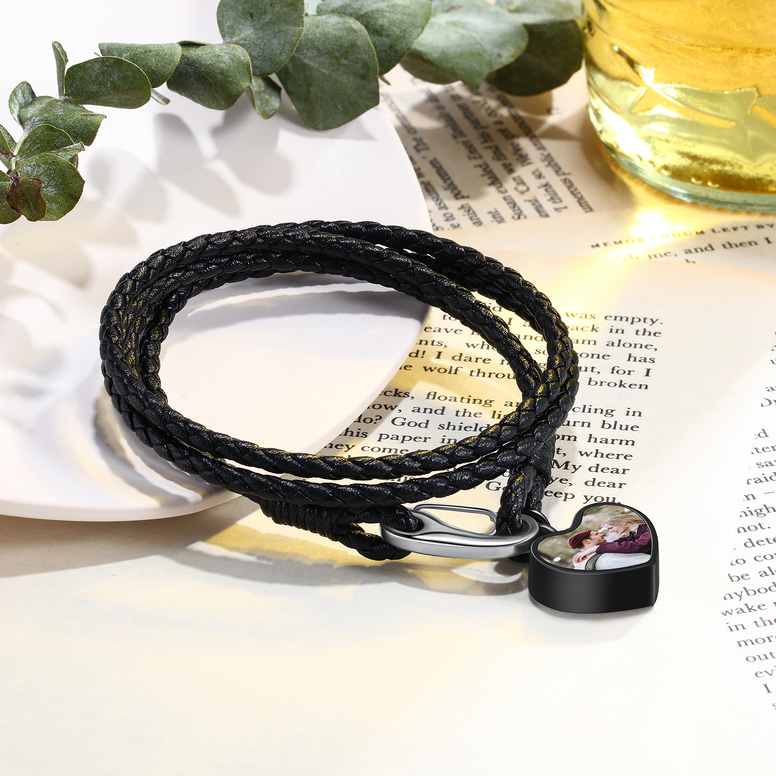 Heart Photo Bracelet with Braided Leather Chain Multi-layer Bracelet