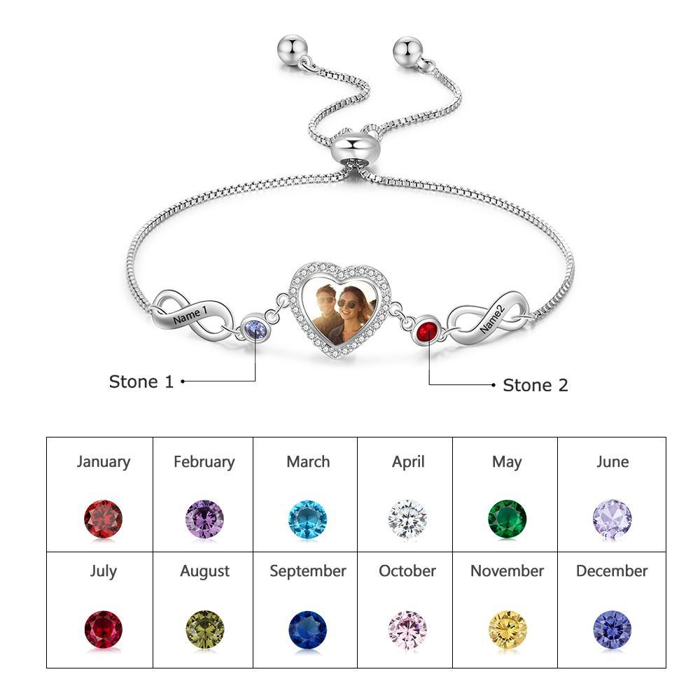 Infinity Love Heart Photo Bracelet with 2 Birthstone 2  Names Personalized Gift