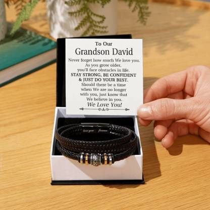 To Our Grandson Bracelet Personalized Text Message Card Braided Leather Bracelet Gift for Son - Never Forget How Much We Love You-Lorajewel