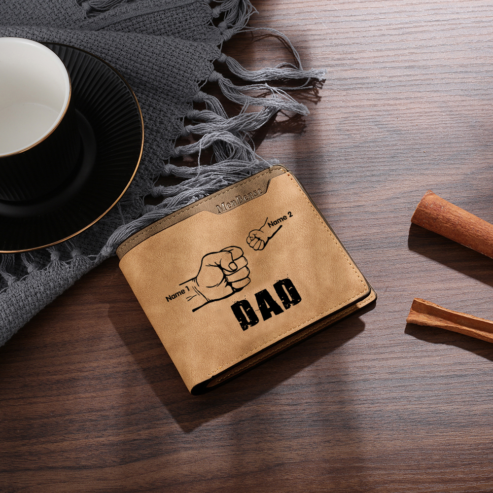 2 Names - Personalized Men Leather Wallet Custom Photo & Text & Name Folding Wallet Fist Bump Wallet Gift for Dad