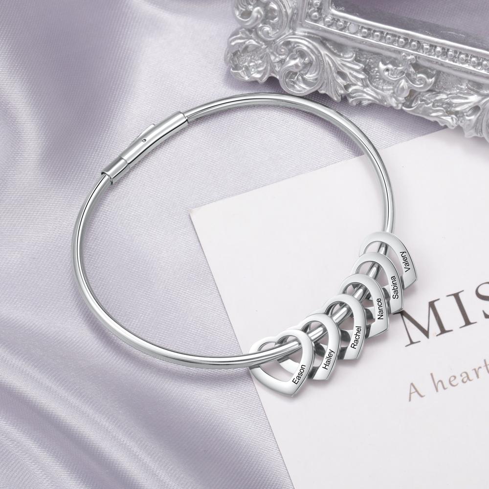 Bangle Bracelet Personalized with 6 Heart Shape Pendant Engraved 6 Names